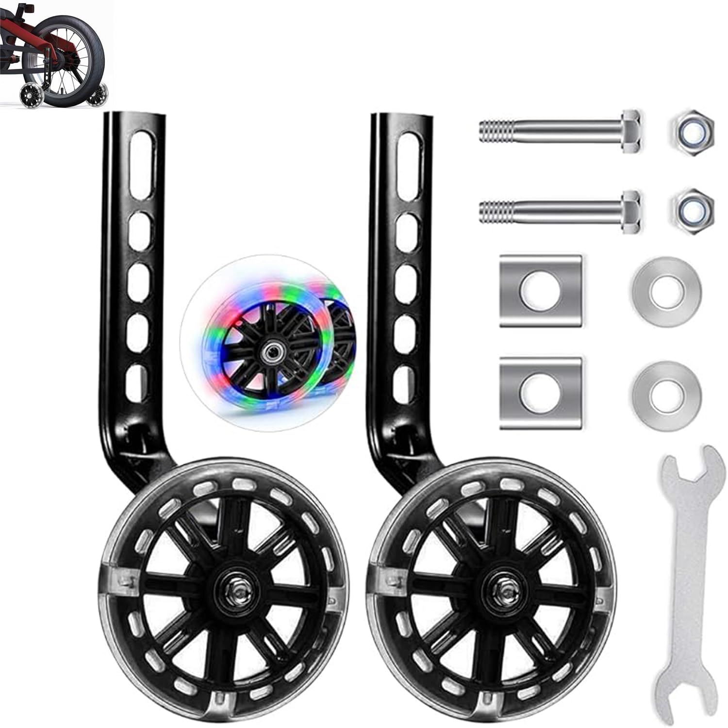 sancak Bicycle Training Flash Wheels, Children's Bike Stabilizers Support Wheels, Kids Bike Steel Frame,Wheel Bicycle Stabiliser Mounted Kit for 12 14 16 18 20 Inch Bike, 1 Pair