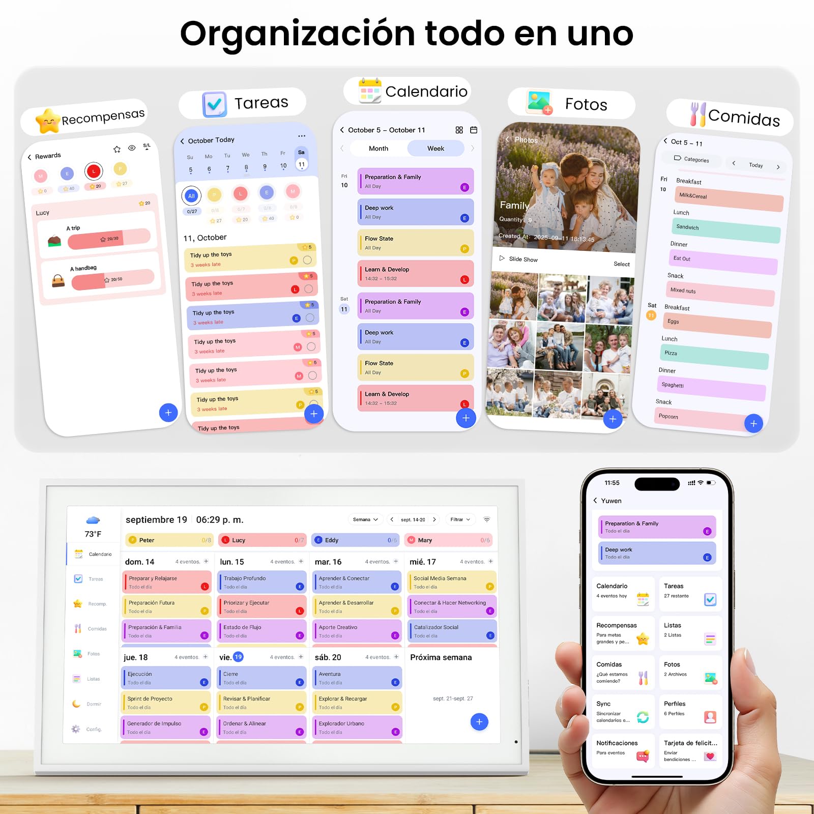 Planificador familiar digital de 15,6 pulgadas, pantalla táctil Full HD, con calendario de pared, marco de fotos (1920 x 1080), reloj, planificador, planificador de comidas para familia y personas