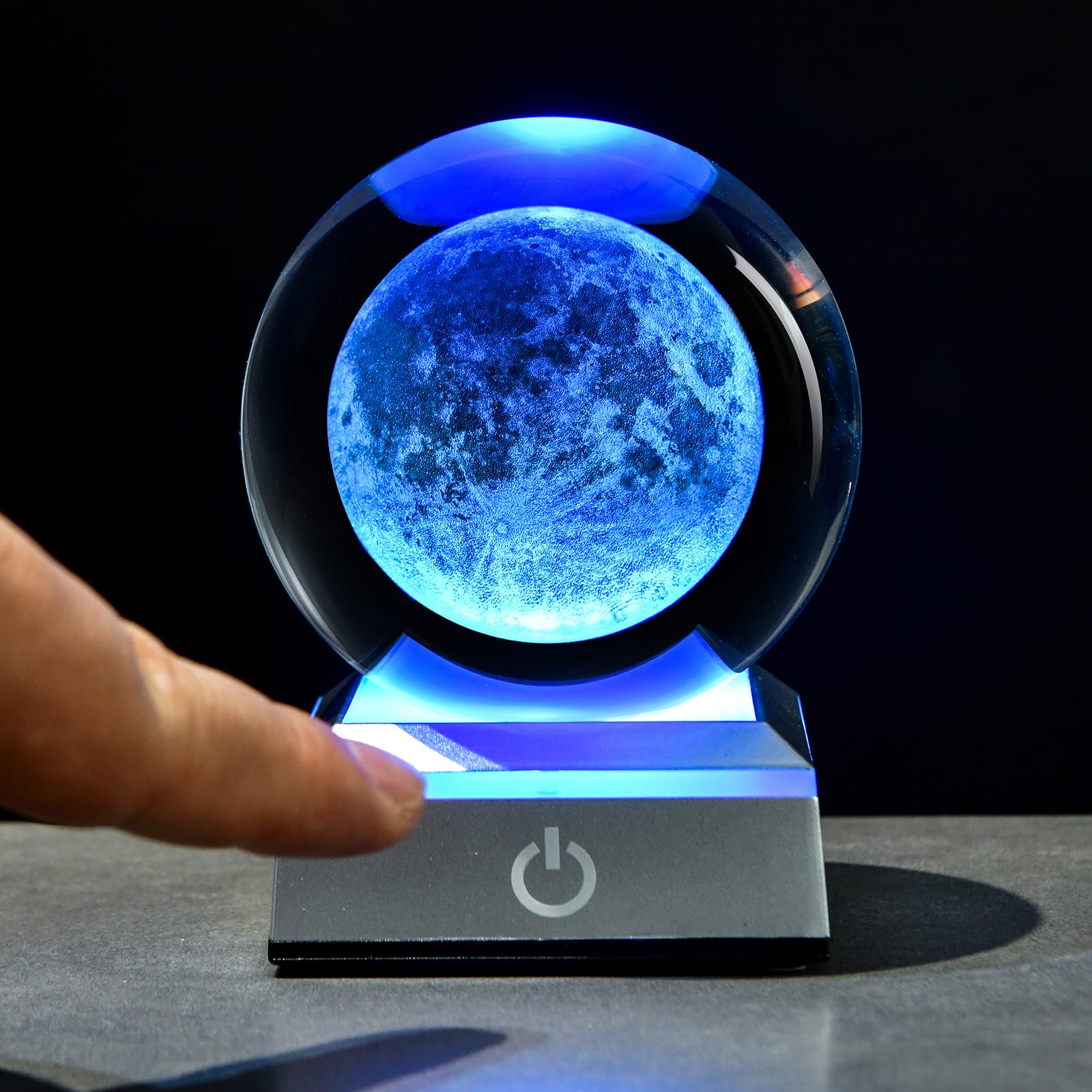 3D Moon Crystal Ball with LED Stand, Moon Figurine Decor Glass Sphere Lamp Night Light Gifts for Women Men Mom Kids