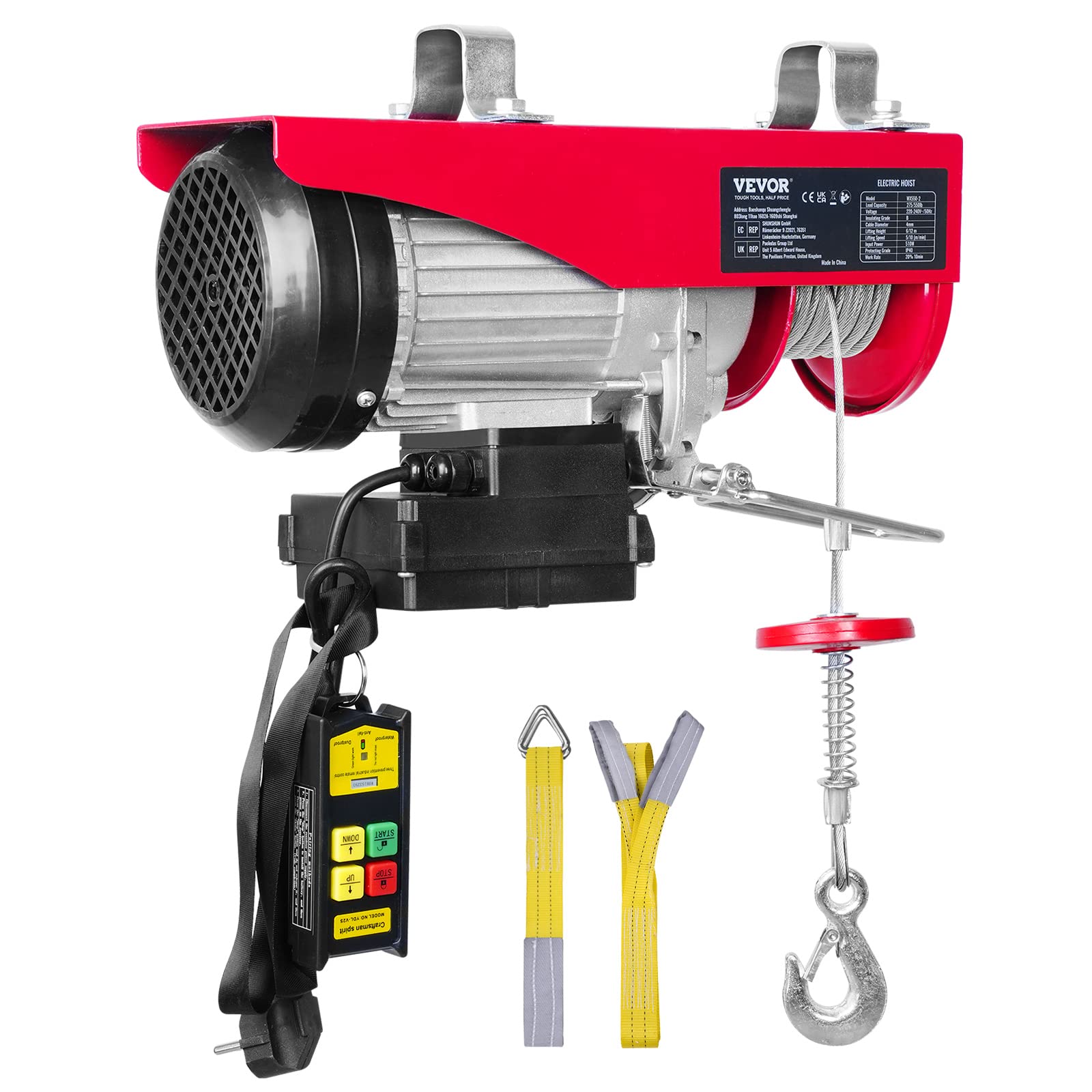 VEVOR 230V Elektrische Seilwinde 125kg-250kg 12m Hubhöhe 510W Motor 10m/min Hebezug mit kabelloser Fernbedienung