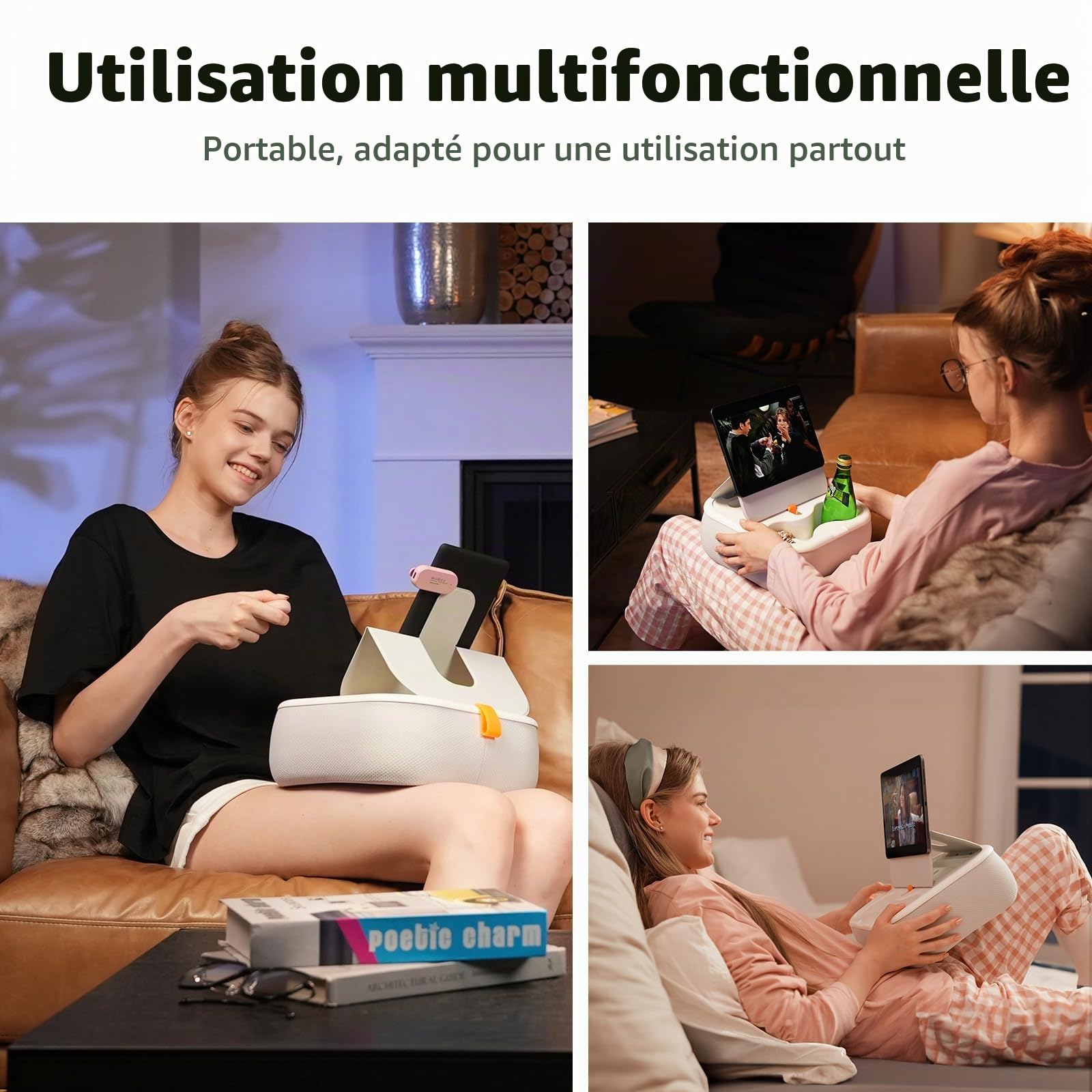 SupeDesk Support magnétique pour tablette/Kindle avec deux anneaux magnétiques, compatible avec les téléphones, tablettes, Kindle de 4 à 13", coussin confortable avec bol pour les genoux, le bureau,