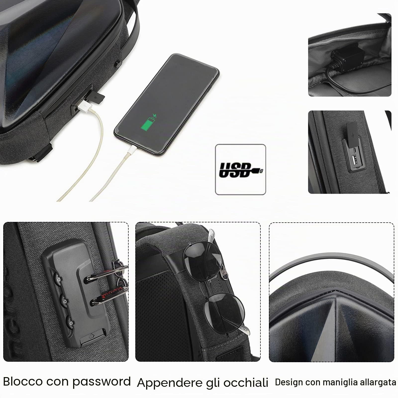 FANDARE Antifurto Zaino Monospalla Marsupio Borse piccole a tracolla Sling Bag con USB Borsa a Spalla Impermeabile per Uomo Donna Scuola Outdoor Sportiva Ciclismo Viaggio Hiking Camping Daypacks Nero