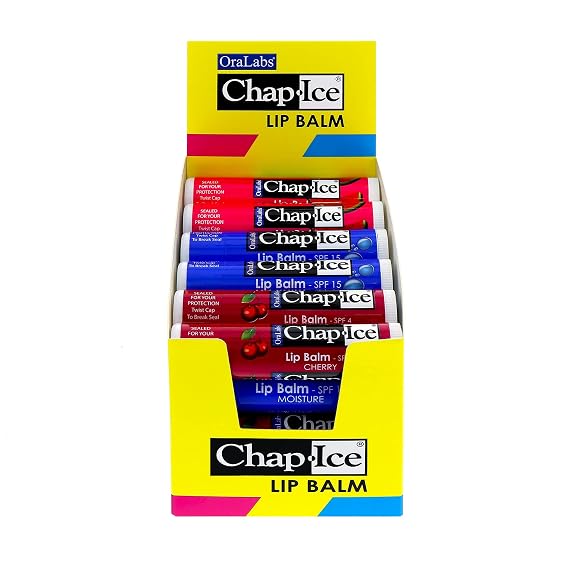 Chap-Ice | Premium and Traditional Lip Balm for Chapped, Dry, or Windburned Lips | 3 Flavor Assorted (SPF-15) - Cherry, Moisture & Watermelon - 24 Sticks (0.15oz/4.25g)