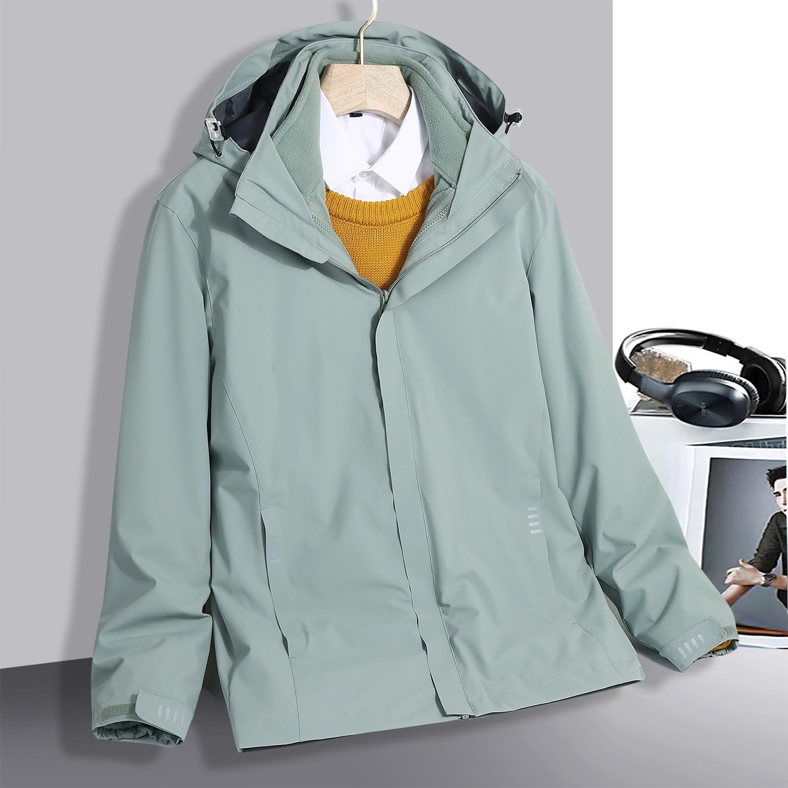 Veste imperméable 3 en 1 pour femme et homme - Coupe-vent - Veste de pluie en polaire avec capuche légère et coupe-vent - Manteaux d'hiver pour femme, vert menthe, 3XL