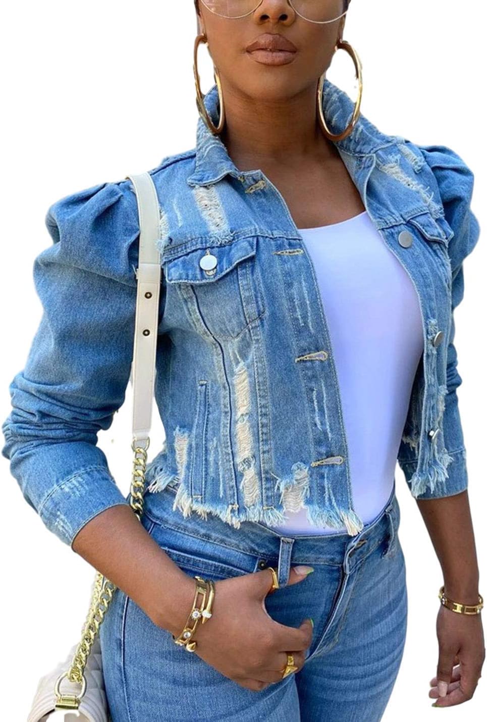 Omoone Women's Ripped Puff Sleeve Denim Crop Top Long-Sleeve Cropped Jean Jacket