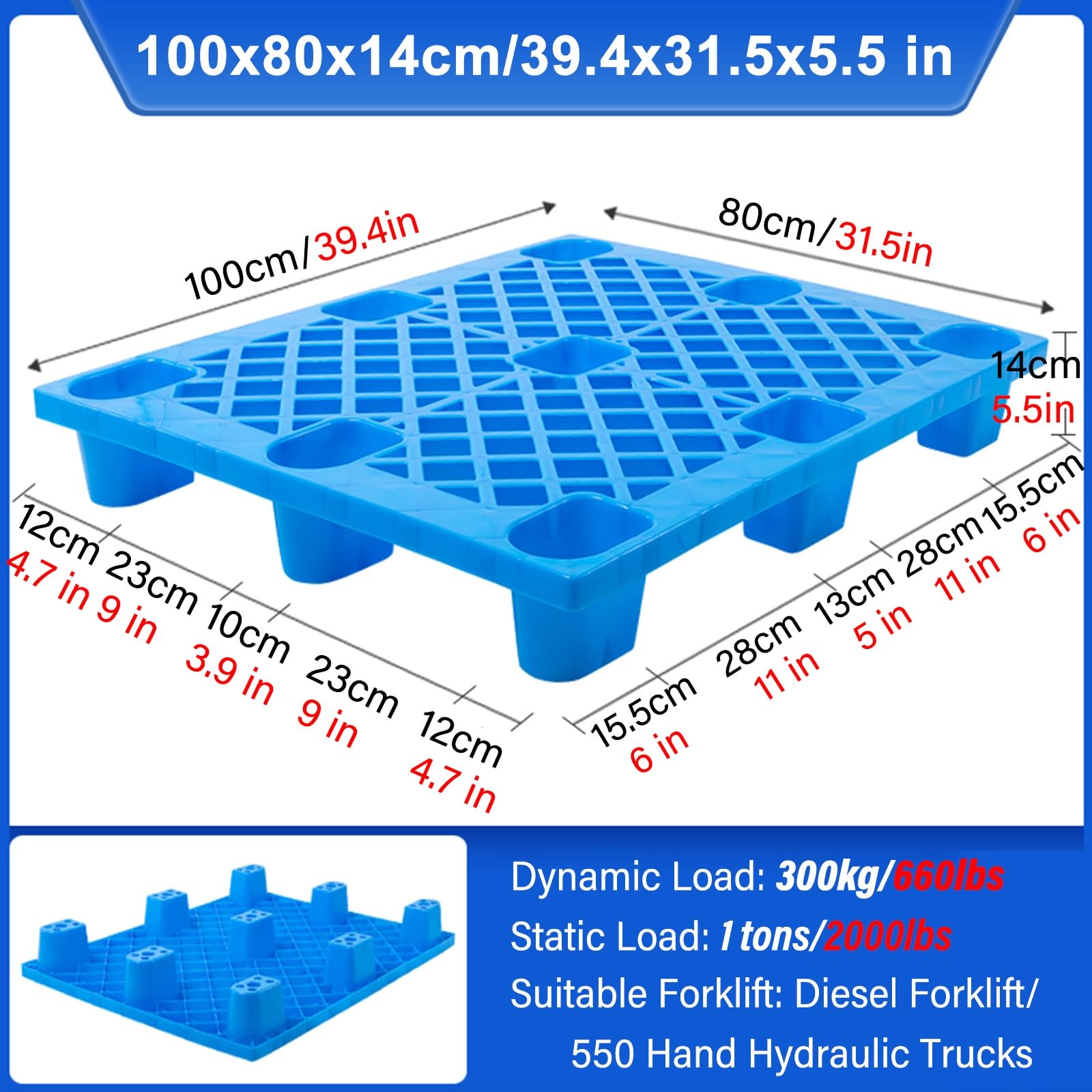 Pallet plastica Euro pallet Pallet Di Spedizione Per Carrelli Elevatori, Piattaforma Di Stoccaggio In Plastica Leggera Per Ristorante, Cucina, Negozio, Supermercato, Cantina E Magazzino(2 Pack,100x80c