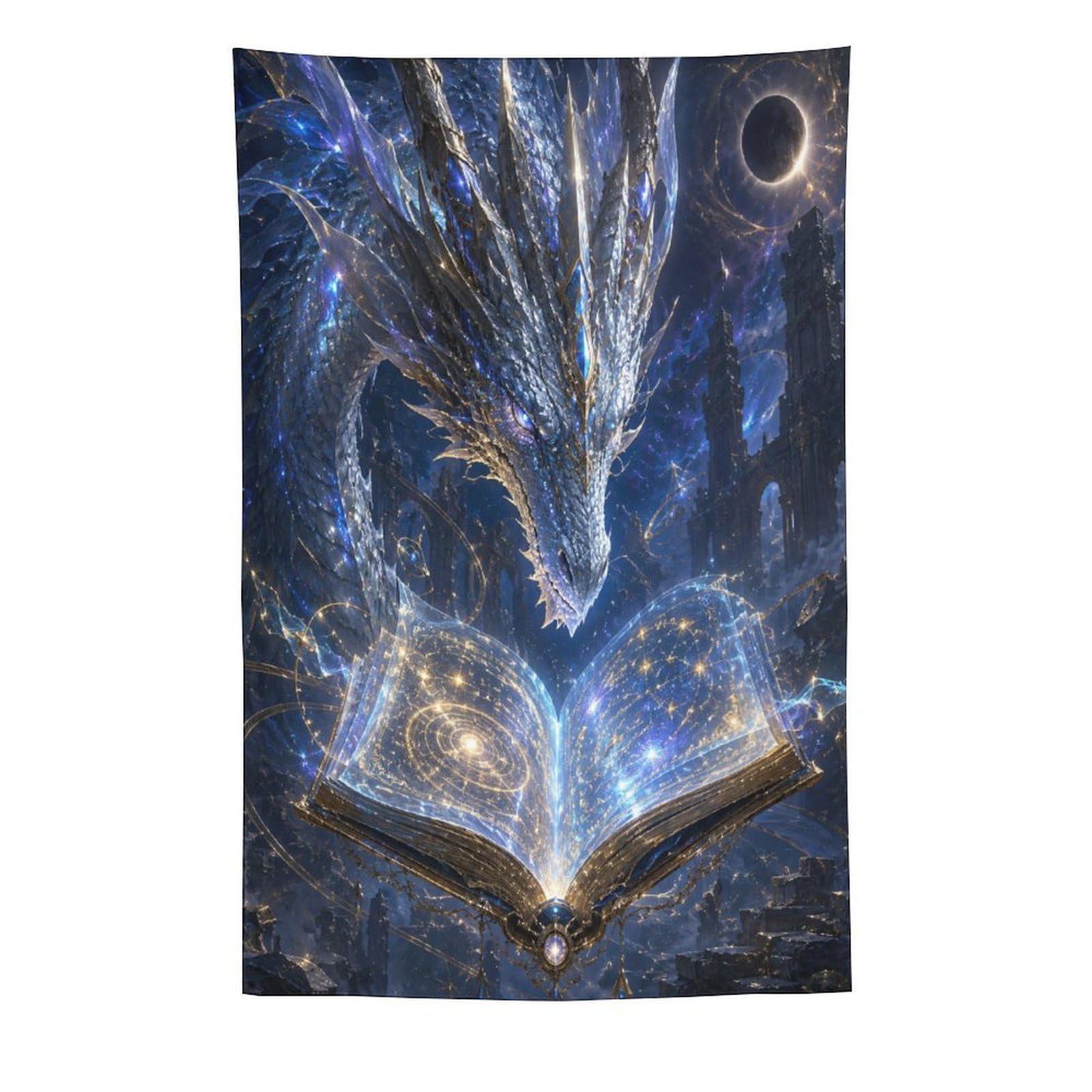 H3B8U2Y5 Cosmic Dragon Magic Book Wall Tapestry, Fantasy Illustration, Bed
