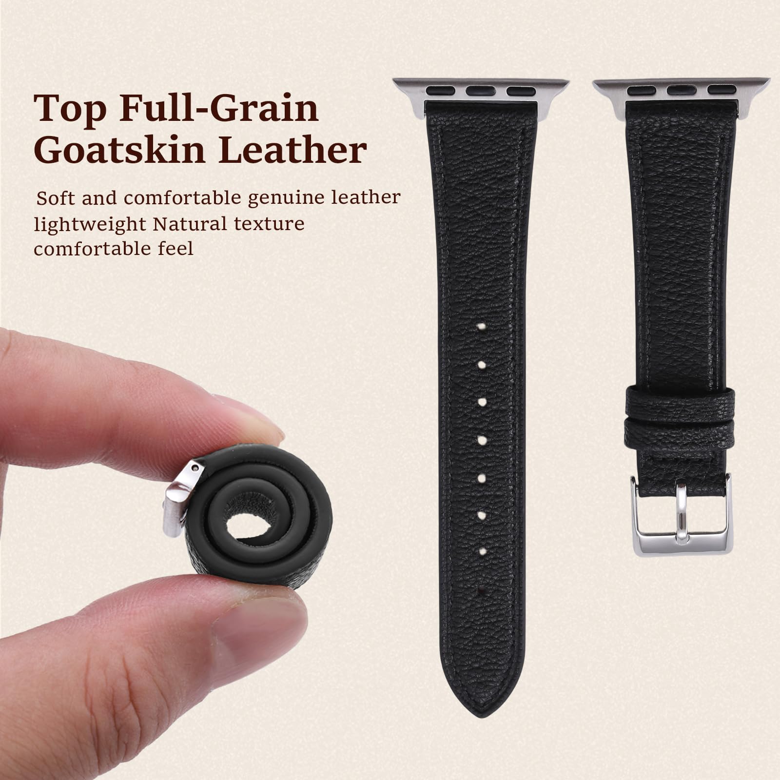 Cinturino sottile da donna in morbida pelle di capra francese, compatibile con Apple Watch da 38 mm, 40 mm, 41 mm, 42 mm, 44 mm, 45 mm, 46 mm, 49 mm, cinturino di ricambio sottile in pelle per iWatch