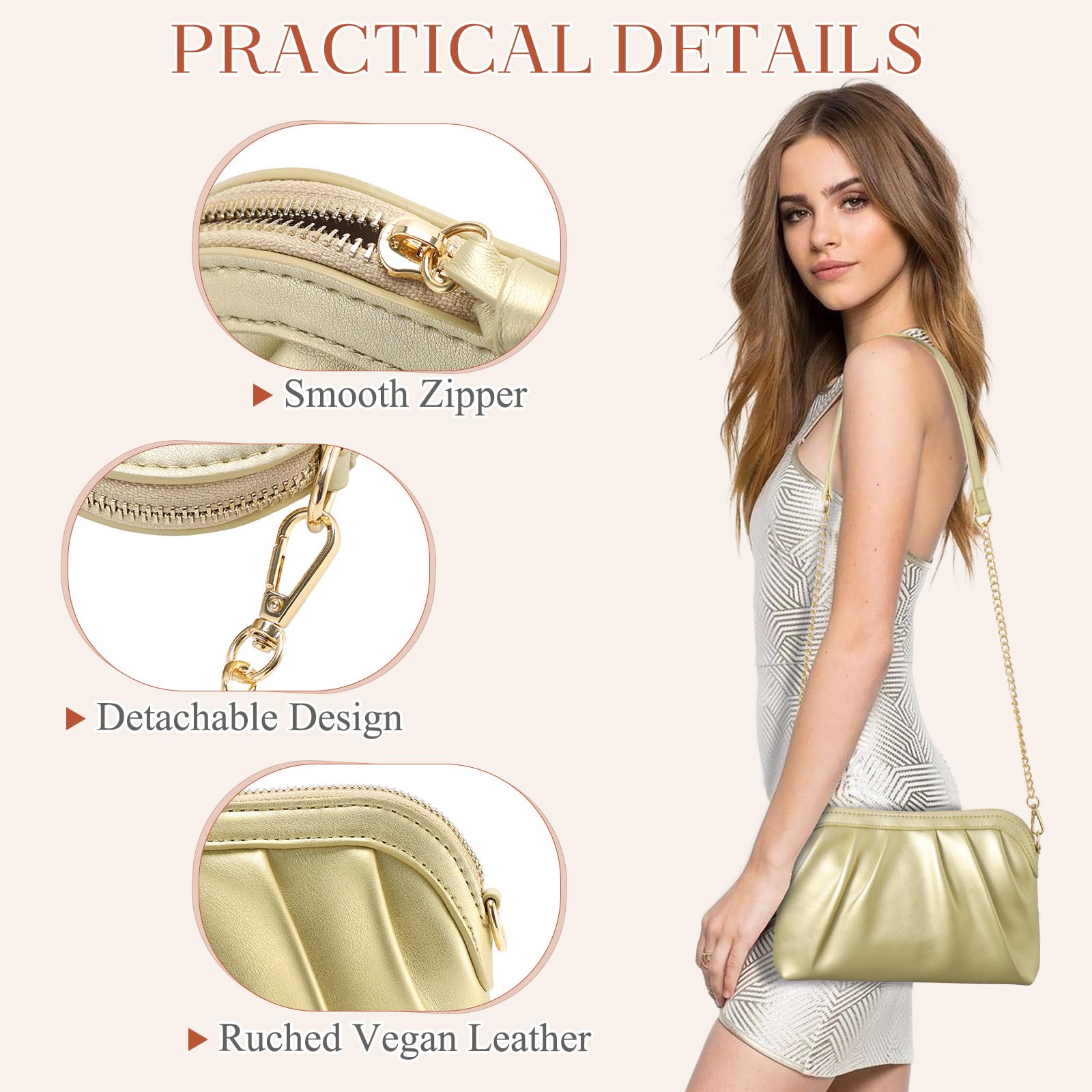 VASCHY Pochettes et Clutches Femme, Élégant Plissé Pochette Mariage en Cuir PU Souple Petit Sac de Soirée Cérémonie Sac Bandoulière Femme avec Chaîne