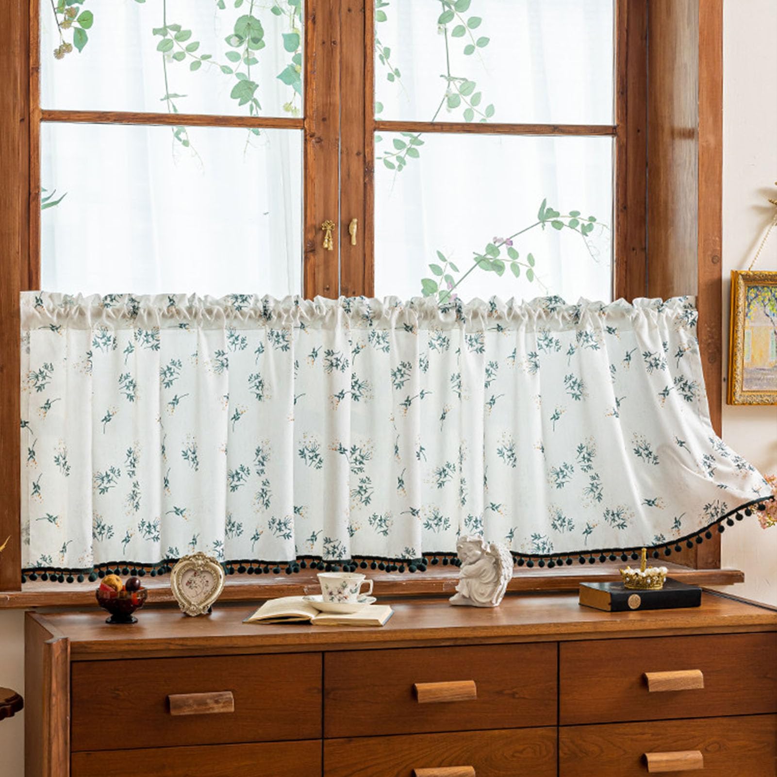 ZZYK Light Filtering Flowers Small Short Valance Washed Kitchen Curtain,Rod Pocket Top Short Window Curtains for Cafe Basement Farmhouse Living Room,39" W x 79" L(Pack of 1)