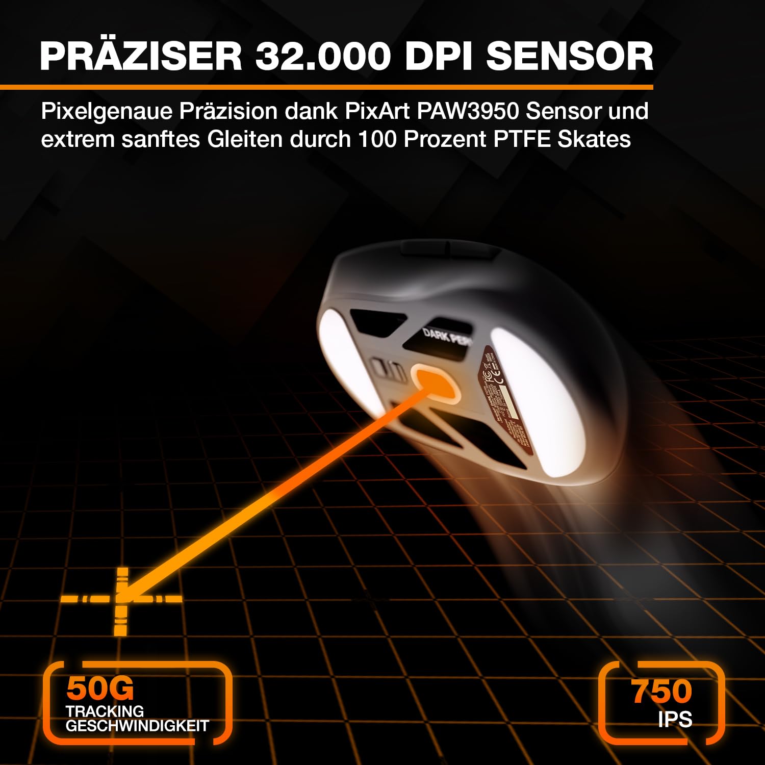 be quiet! Dark Perk Ergo PC Gaming Maus, 55 g leicht, extrem Lange Akkulaufzeit, 8.000 Hz Abtastrate, PixArt PAW3950 Sensor, 32.000 DPI, optische 70-m-Switches, 100% PTFE-Glide Skates