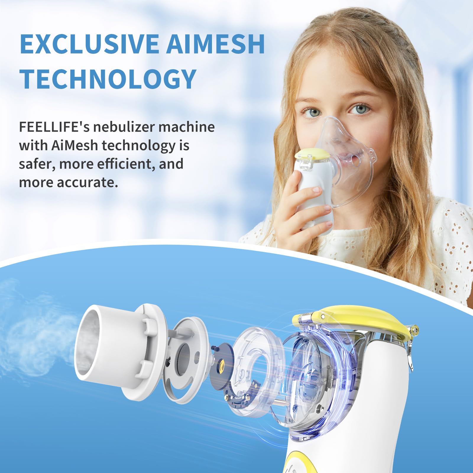 FEELLIFE Nebulizador Portatil para Bebe y Adultos, Nebulizador Silencioso Tasa de Atomización Ajustable, Inhalador Recargable para El Tratamiento de Tos, Asma, Enfermedades Respiratorias-Amarillo