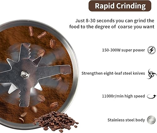 Miniatura 2 de Molinillos de café eléctricos, molinillo de especias de plata de 150-300 W, operación con un solo botón para moler granos de café, especias, hierbas