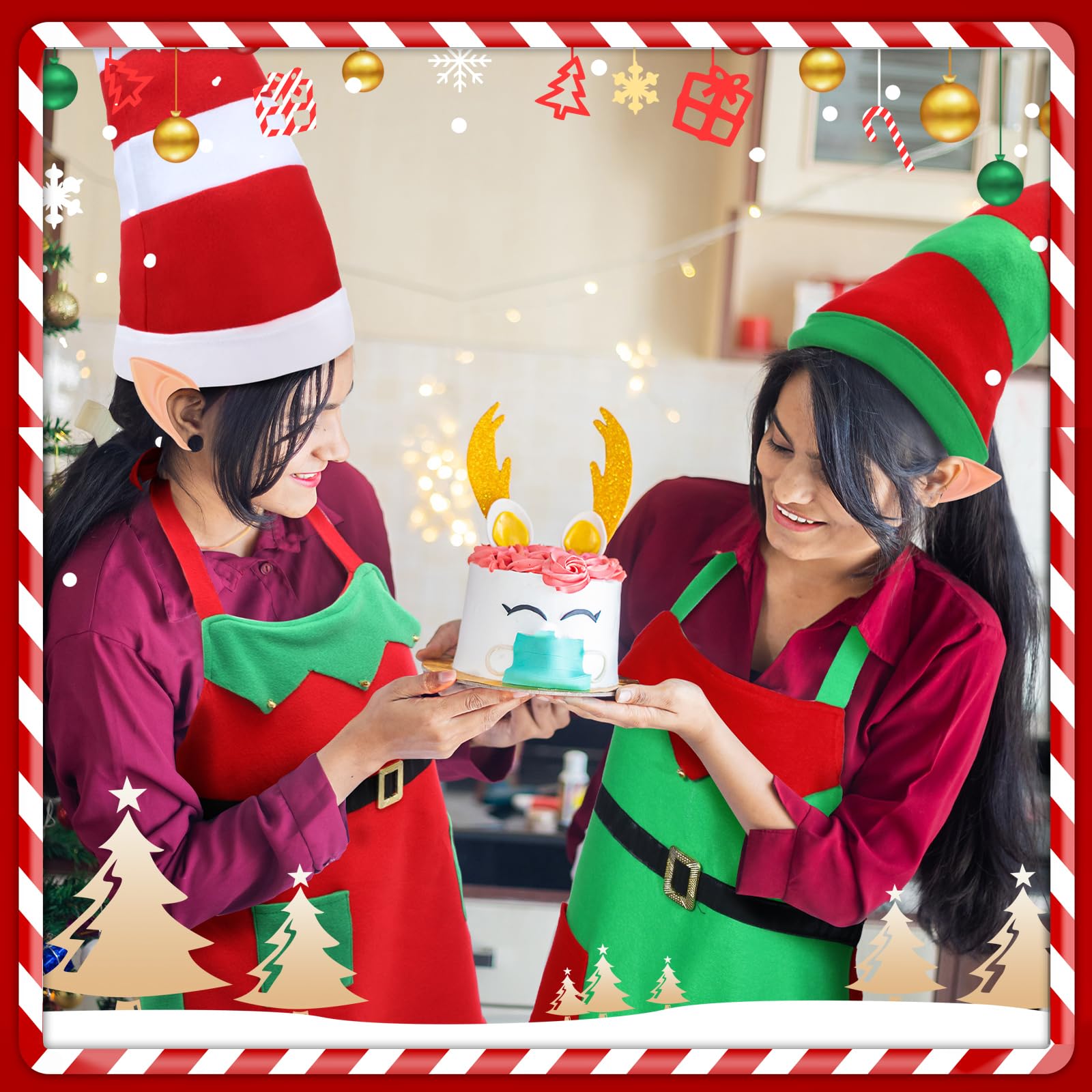 Liitrsh Juego de 10 disfraces de elfo de Navidad para mujeres adultas, 2 delantales de tela, sombrero de terciopelo, medias a rayas, orejas de elfo y zapatos