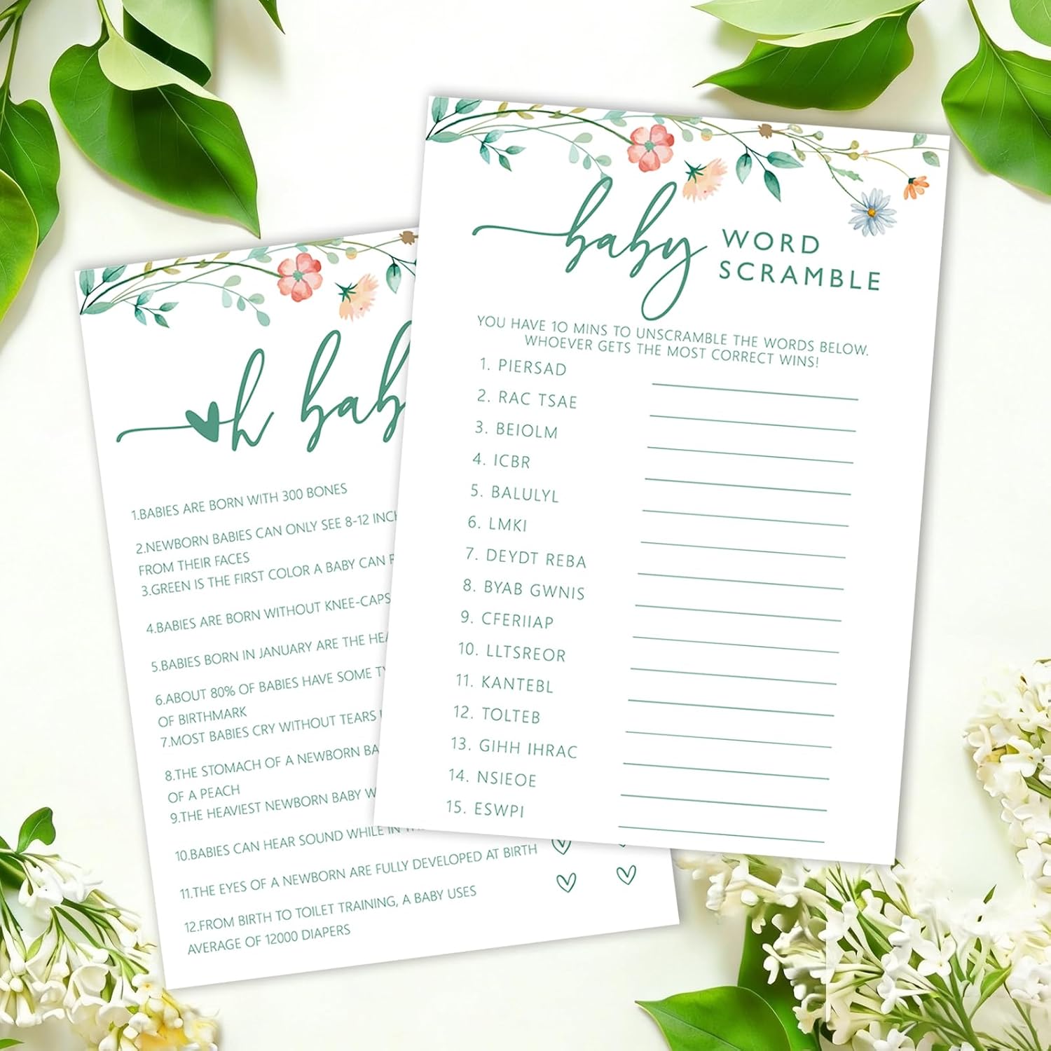 ISOVF 25 Spring Floral Baby Shower Games with 1 Answer Card (5"x7") - 2 Games Double-Sided - Oh Baby True or False & Word Scramble Game - Spring Theme Gender Neutral Party and Supplies(J10)