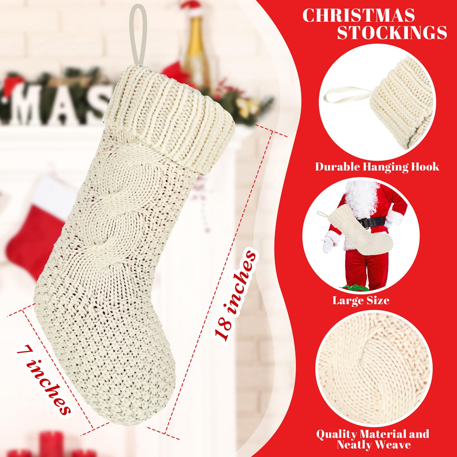 Cozypower Weihnachtsstrümpfe mit Namensschild, 45,7 cm, große Zopfstrickstrümpfe, Weihnachtsstrumpf, Kamin, hängende Strumpf, Geschenktüten für Kamin, Weihnachtsbaumschmuck (weiß, grün), 4 Stück