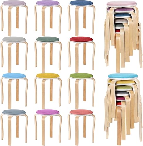 12 taburetes apilables de madera curvada de 16.5 pulgadas, taburetes redondos de madera a granel con asiento acolchado, sillas de asiento superior