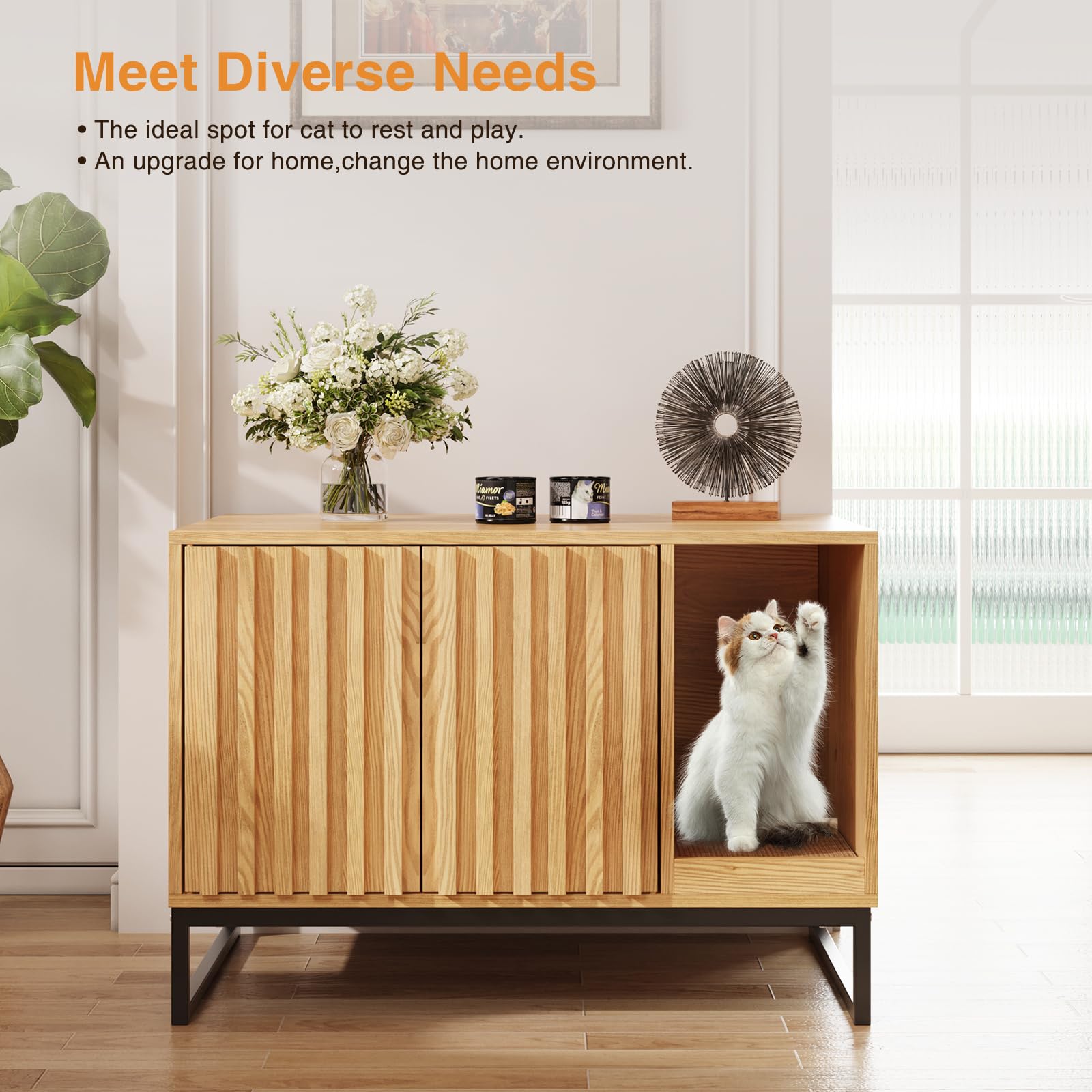 Vabches Litter Box Enclosure, Modern Fluted Cat Hidden Litter Box Furniture with Scratch Pad, Cat Washroom House End Table for Living Room, Natural - image 5