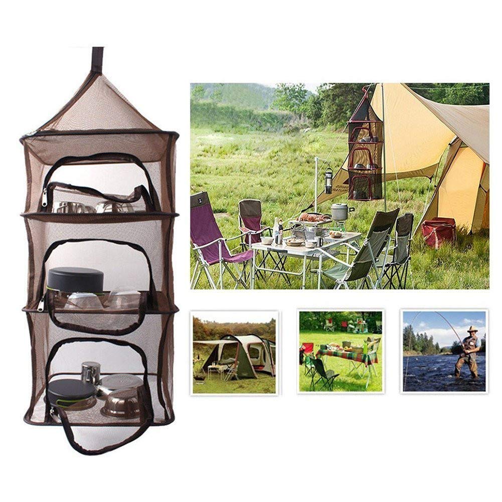 Red seca, para colgar, red seca, 4 compartimentos, almacenamiento de verduras y utensilios de cocina, cesta colgante para camping, viajes, pesca, barbacoa, etc., color marrón