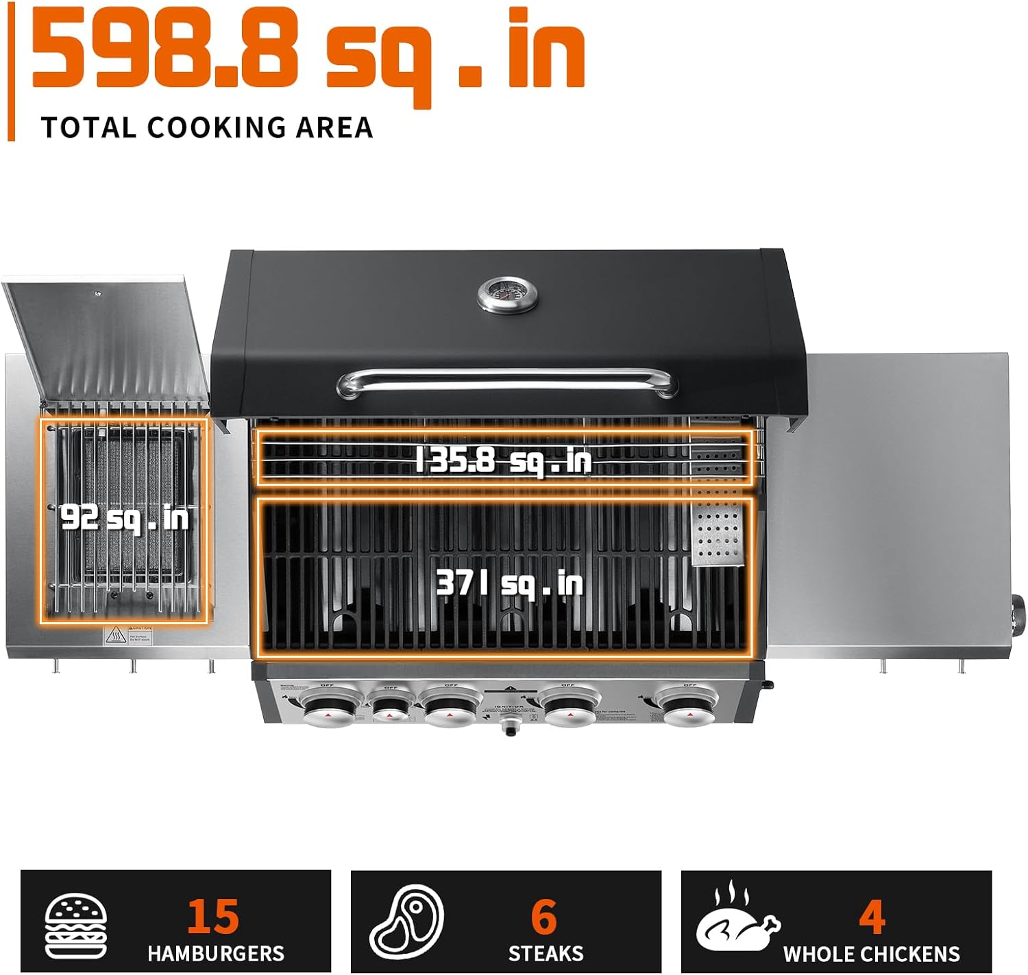 SKOK 4+1 Burners Gas Grill with Infrared Side Burners, Outdoor BBQ Grill with Cast Iron Grates, Barbecue Grill with Wheels, 60,000BTU Output