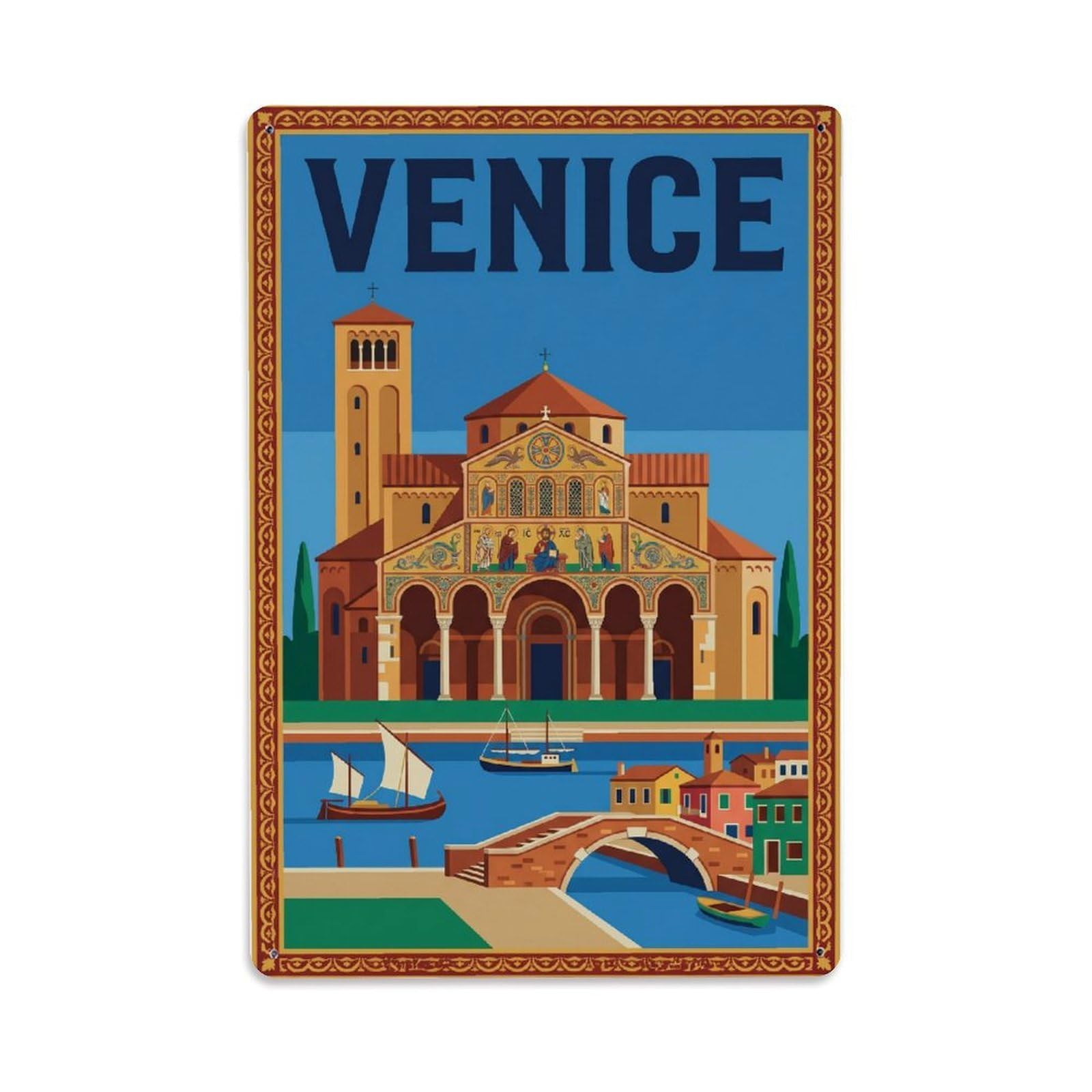 Vintage Travel Venice Torcello Island Ancient Cathedral Clean Italy Metal Tin Sign Plaque Wall Decor for Cafe, Club Bar, Office, Home Garden Metal Poster 8x12Inch