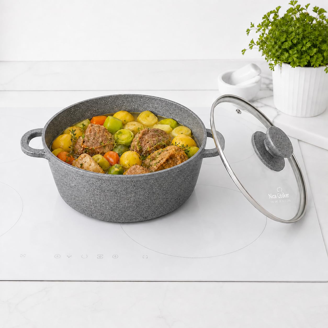 Faitout Cocotte Marmite Roc-Tec® 16,20,24 ou 28 cm + Couvercle Vraies Particules de Pierre. Antiadhésif. Tous Feux dont Induction + Four (24cm)