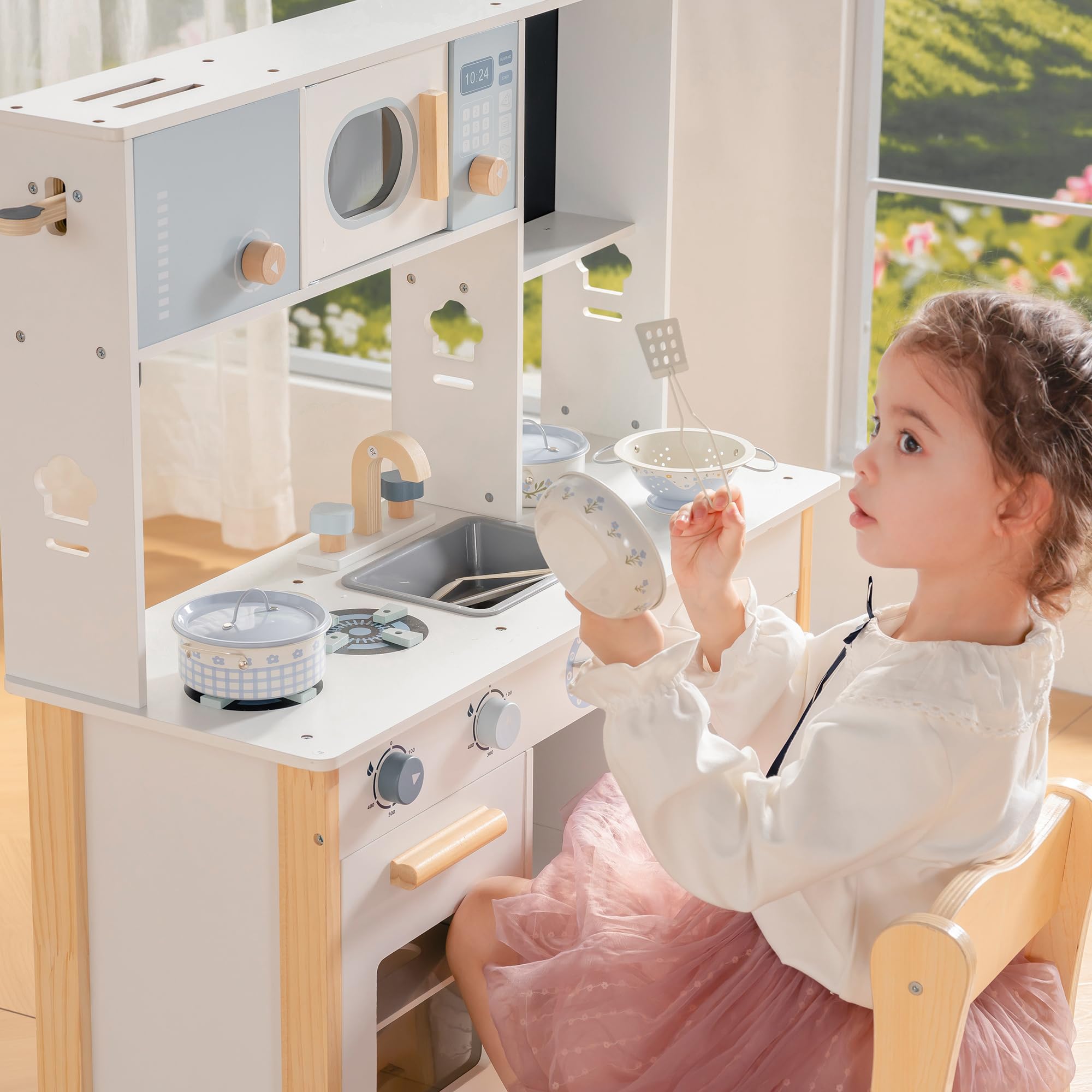 ROBOTIME Blaszane naczynia do gotowania w kształcie niebieskich kwiatów, mini akcesoria kuchenne do zabawy, garnki do zabawy i patelnie, zabawki z torbą siatkową, kremowy francuski styl dla dzieci w