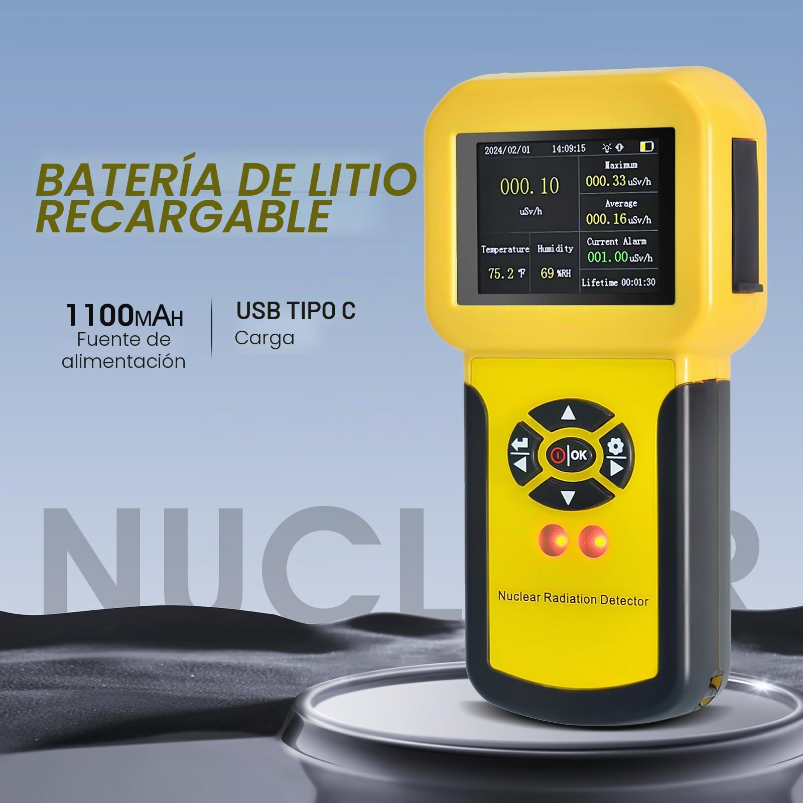 Contador Geiger, Detector de Radiación Nuclear con Pantalla LCD Detector Radioactivo Detecta Beta Gamma Rayos X Nivel CPM c/Alarma, Monitor de Radiación Recargable（Amarillo）