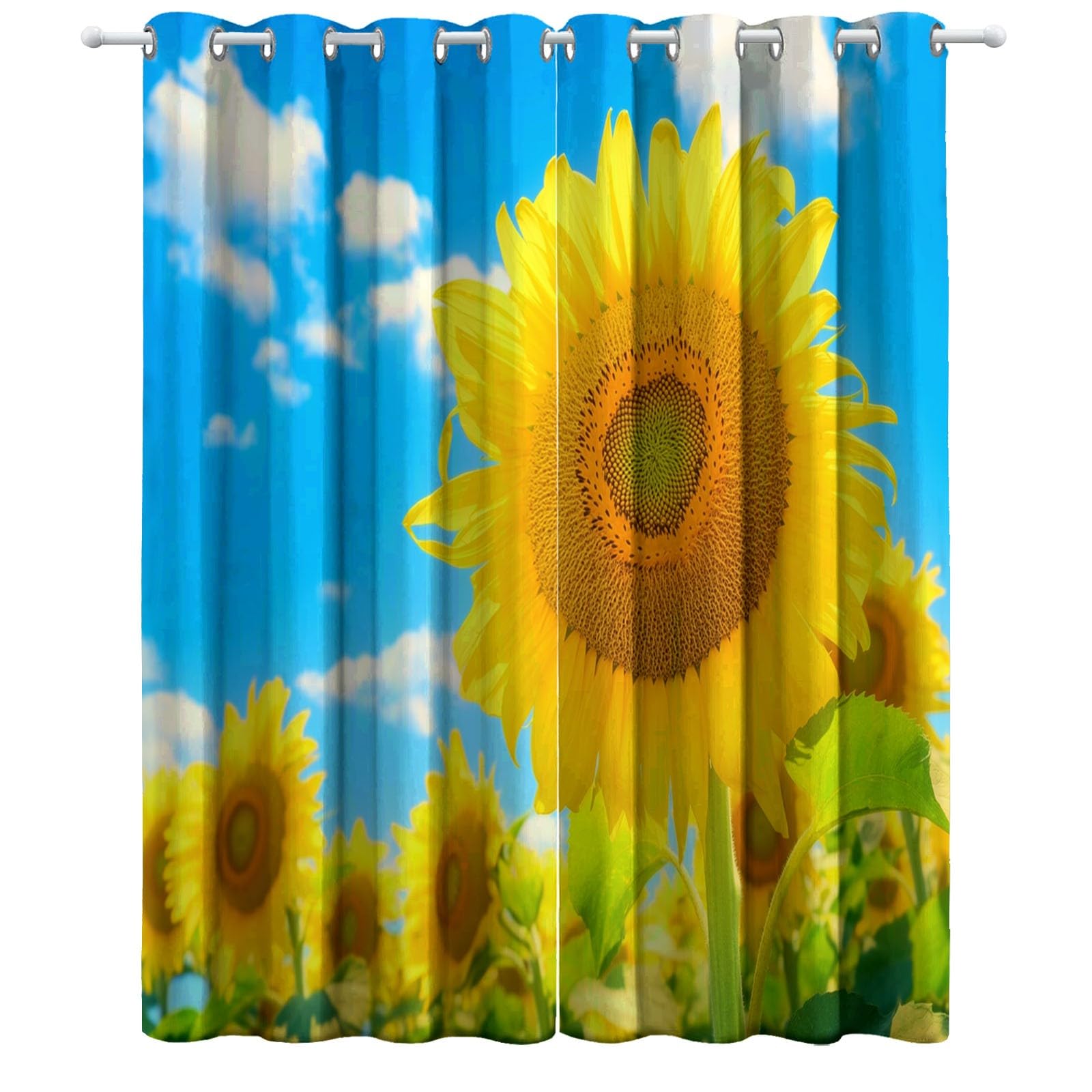 Générique Rideau Occultant Tournesols Ciel Bleu Et Nuages ​​Blancs, Rideau Thermique Isolant Bleu - Draperies Polyester Opaque à Oeillets pour Chambre Salon Fenêtre Décoration Lot de 2 110L x 215H cm