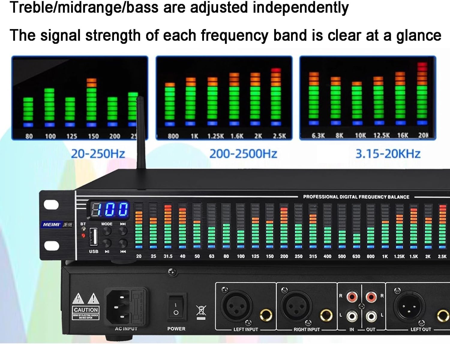 Procesador de Audio Ecualizador gráfico estéreo de 31 Bandas, Ecualizador de Audio Digital, con Pantalla de Espectro LED, 10 Efectos preestablecidos, reducción de Ruido