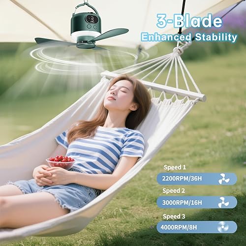 Miniatura 6 de Ventilador de techo portátil inalámbrico con control remoto, diseño de 3 cuchillas, funciona con batería de 10040 mAh, ventilador colgante