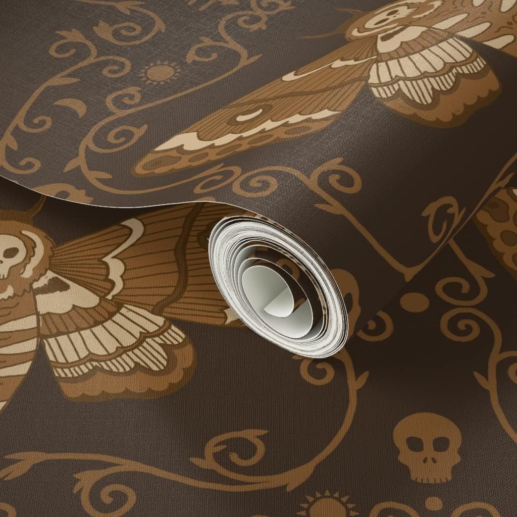 Spoonflower Peel & Stick Wallpaper 3ft x 2ft - Dark Academia Moth Brown Spooky Lunar Forest Custom Removable Wallpaper