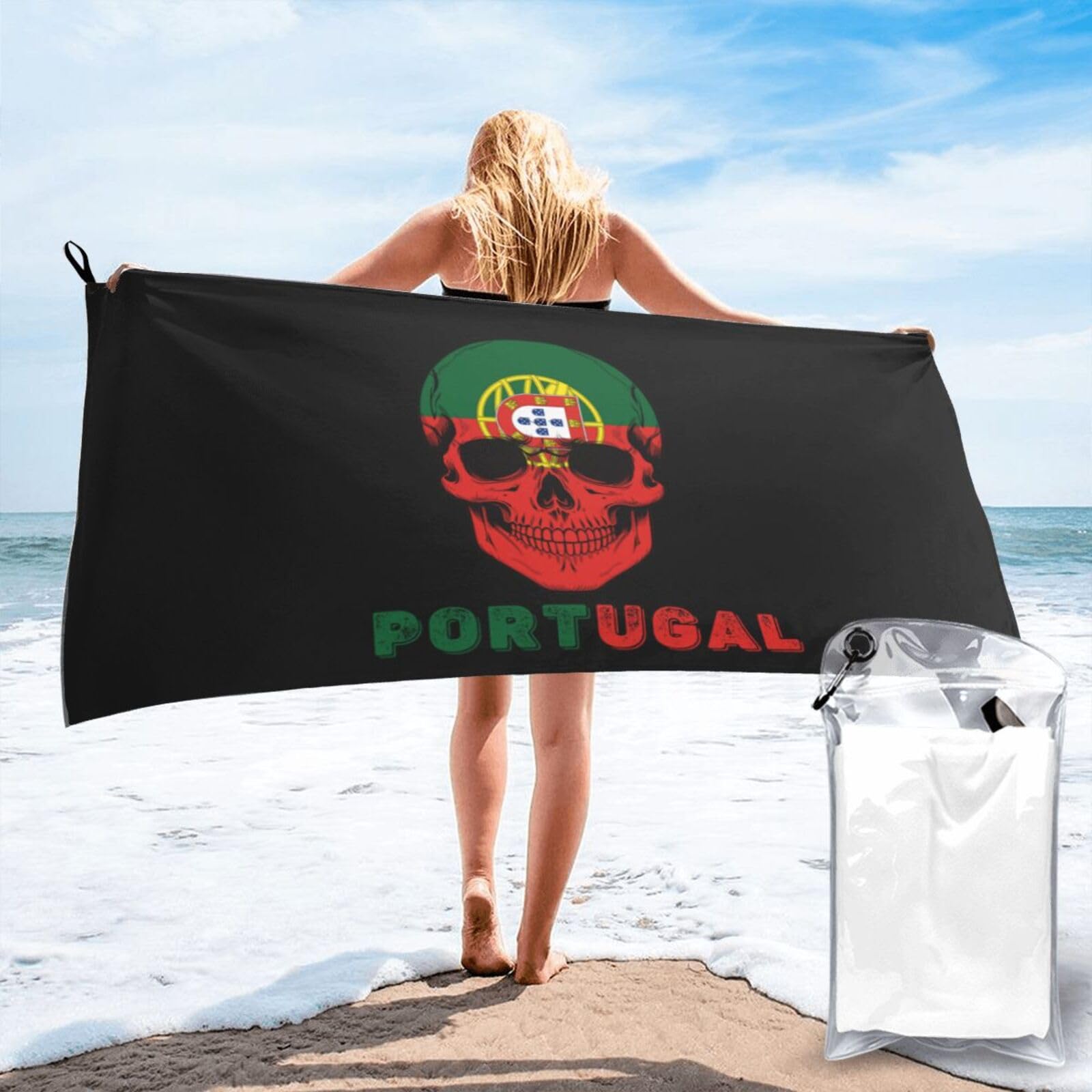 HACXZ Skull Portugal Flag Lightweight Absorbent Beach Towel Microfiber Beach Towel 31.5"X63"