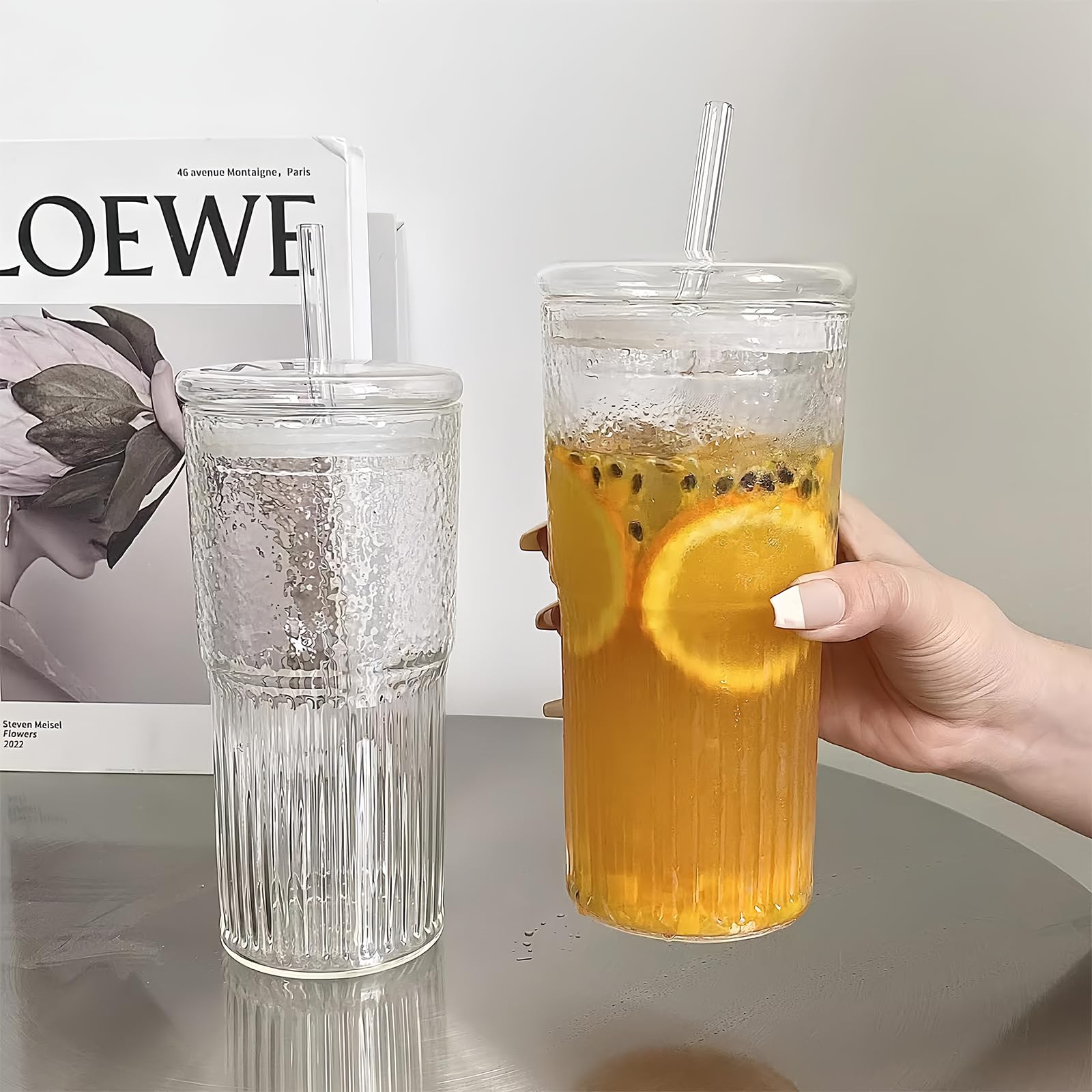 PORFOYO Tazze Di Vetro Con Coperchi E Cannucce,2 Pezzi 600ml Barattolo Di Vetro Con Coperchio E Cannuccia,Bicchiere Vetro Con Cannuccia,Bicchieri Lattina Con Coperchi Per Birra,Soda Cocktail