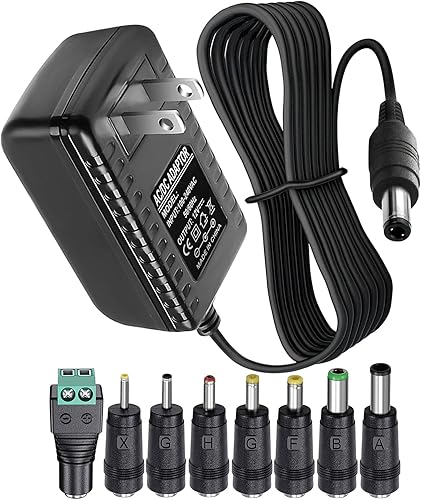 Adaptador de CA de fuente de alimentación de 12 V, 2 A, 1 A, con 8 puntas, regulado, 12 voltios, 2000 mA, cable de cargador de repuesto para tira de