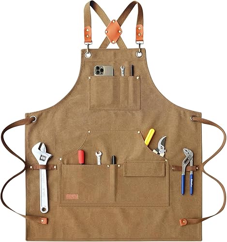 Miniatura 11 de AFUN Delantales de trabajo para hombres con bolsillos grandes, lona de algodón, parte trasera cruzada, resistente, ajustable, talla M a XXL (beige)