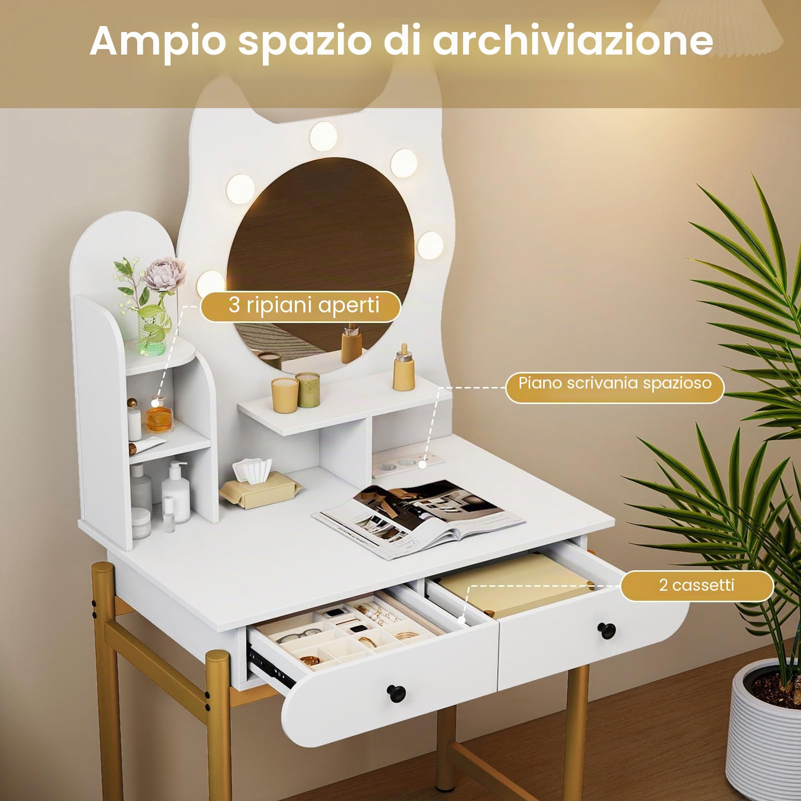 HOMASIS Toeletta Trucco a Forma di Gatto con Luci Regolabile su Tre Livelli, Postazione Trucco Salvaspazio con 3 Ripiani e 2 Cassetti, Consolle Make Up con Stazione di Ricarica (Bianco)
