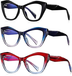 bullabulling 3Pack Oversized Oprah Style Reading Glasses For Women Men Spring Hinges Blue Light Blocking Computer Readers (black/blue/red, 2.0)
