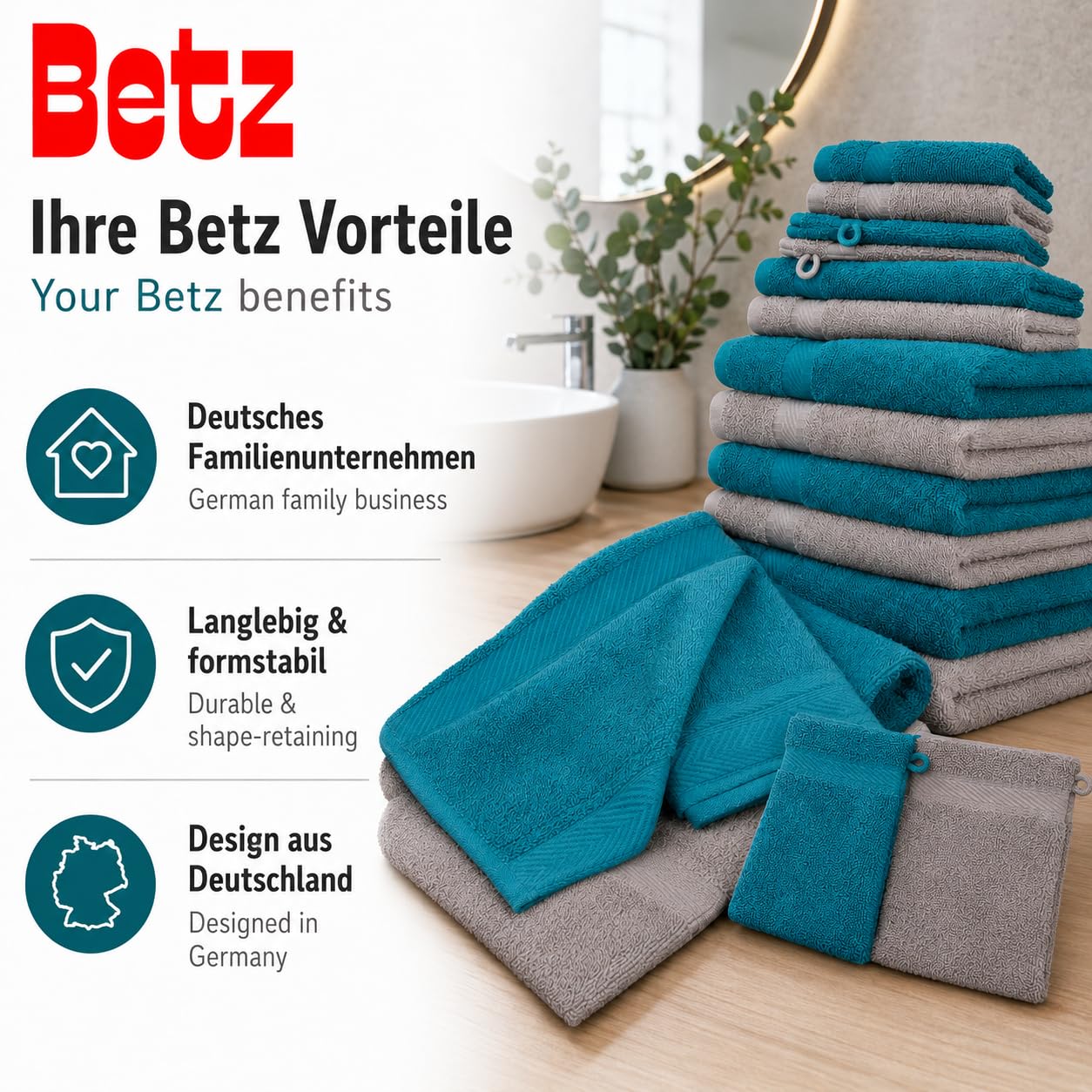 Betz Lot de 12 pièces 100% Coton Palermo 2 draps de Bain 4 Serviettes de Toilette 2 d'invités 2 lavettes 2 Gants de Toilette Couleur Bleu pétrole et Gris Pierre