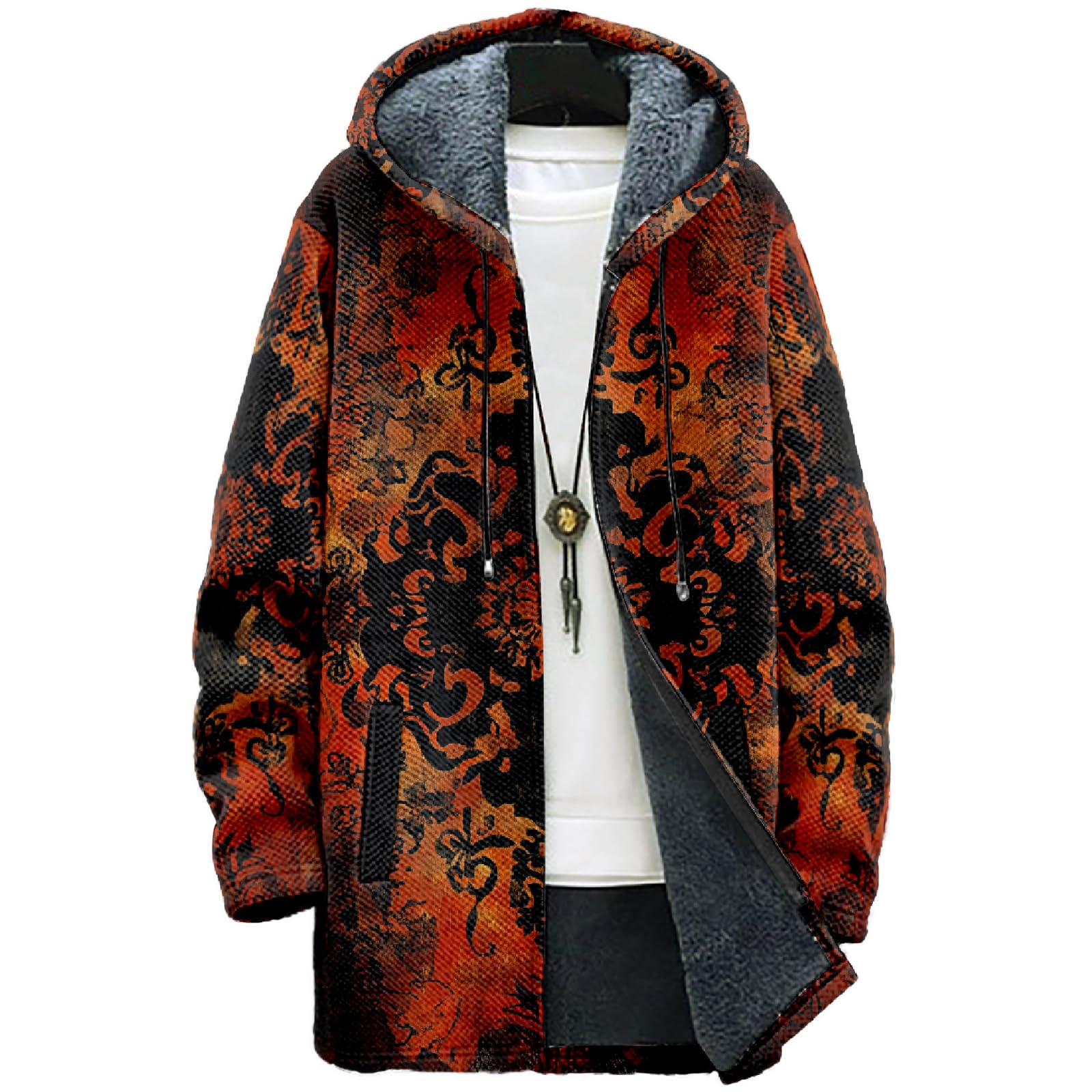 MARSVOVO Ethnic Retro Mens Hooded Cloak Cardigan Long Fleece Lined Slim Fitted Casual Warm Outwear Jacket with Pockets