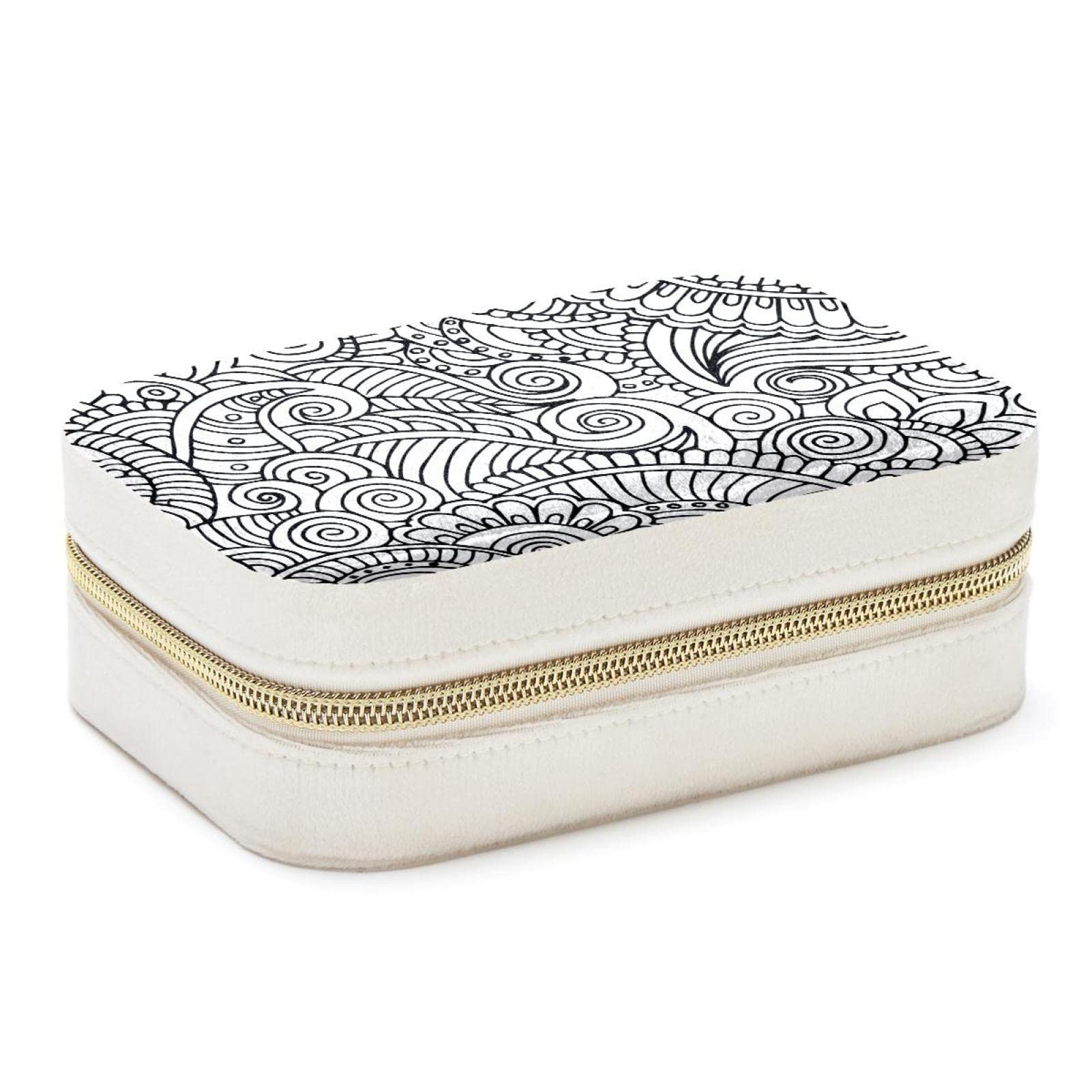 Boîte à bijoux de voyage portable motif mandala noir et blanc pour bagues et colliers