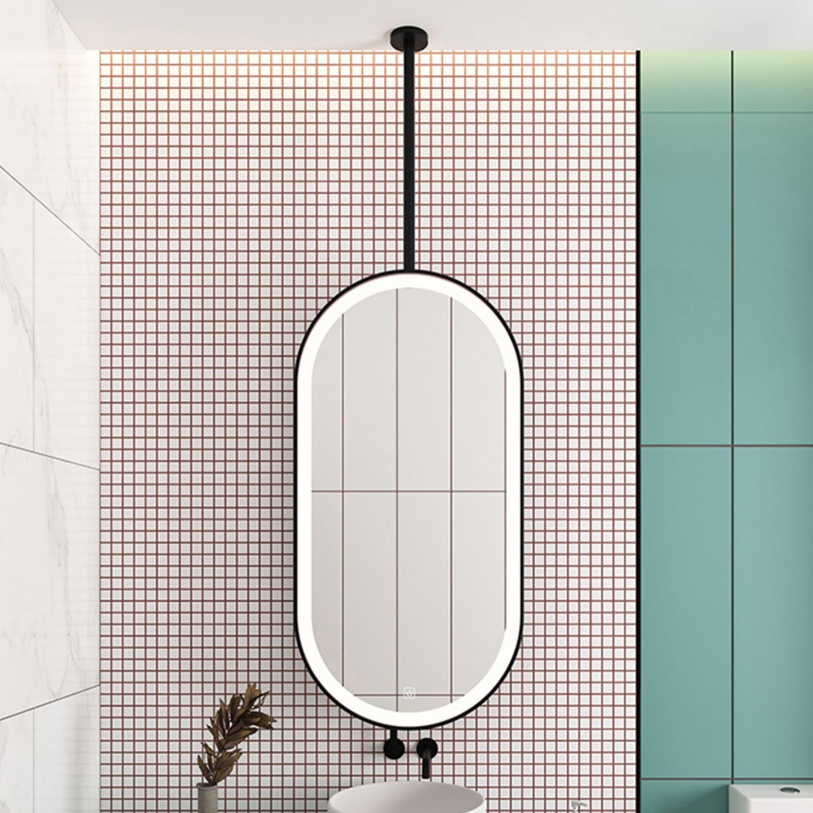 MESOVFCA Hanging Bathroom Vanity Mirror with LED Light, Oval Rod, 3-Color Dimmable, Suitable for Hotel and Apartment Decor(Black,60x90cm)