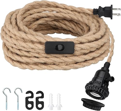 Kit de luces colgantes de 16.5 pies, luces colgantes con cable de enchufe e interruptor, lámpara colgante de cuerda de cáñamo E26, cable de linterna
