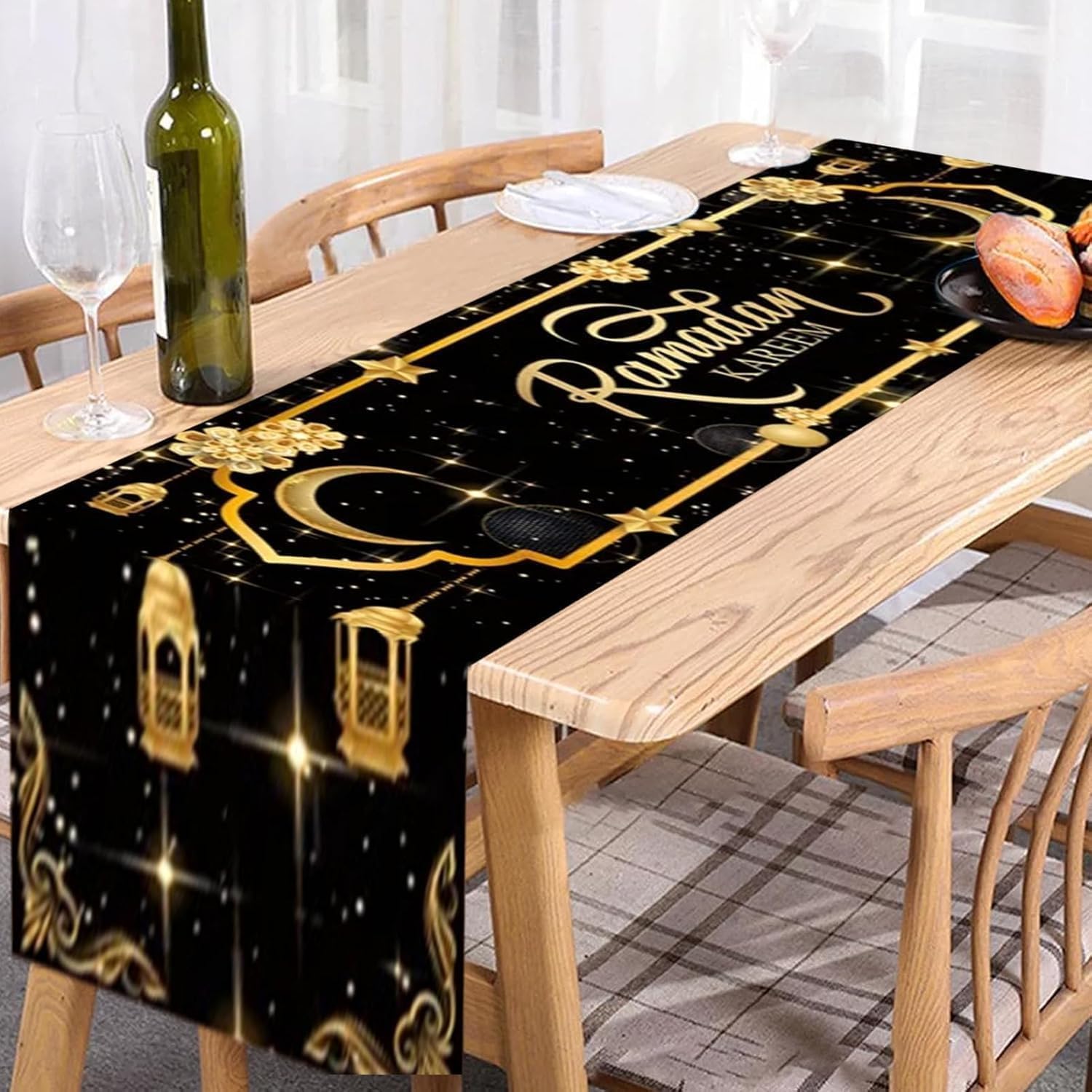 Eid Mubarak Table Ramadan Decorations Runner Mosque Lattern Happy Holiday Kitchen Dining Table Decor for Home Party Suppl (35*180cm, Black-gold)