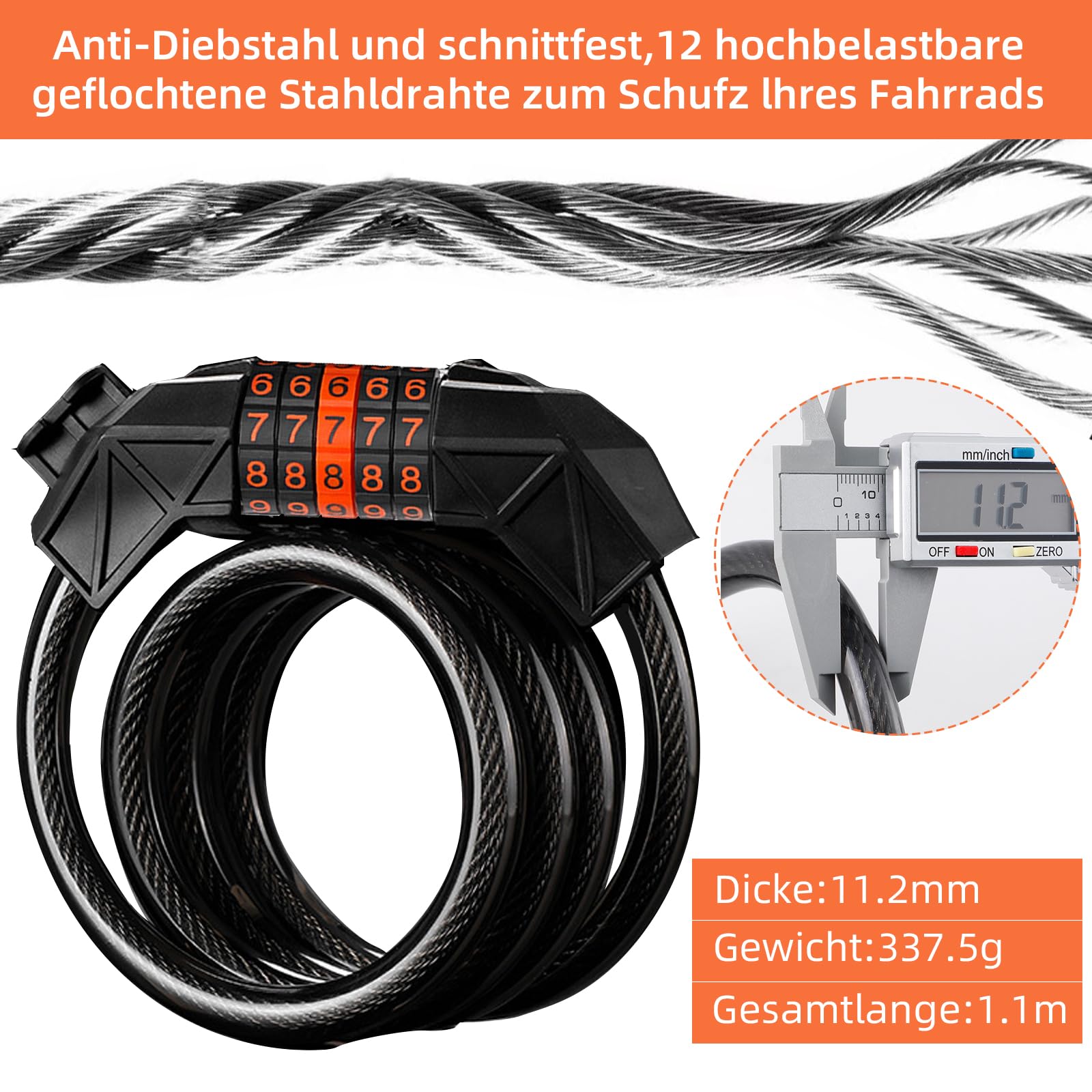 Lucchetto a Combinazione per Bicicletta, ad Alta Sicurezza, Lucchetto Antifurto Catena Bici 110 cm/11 mm con Codice a 5 Cifre, Sicurezza Elevata, Supporto Incluso, Protezione Alta Sicurezza