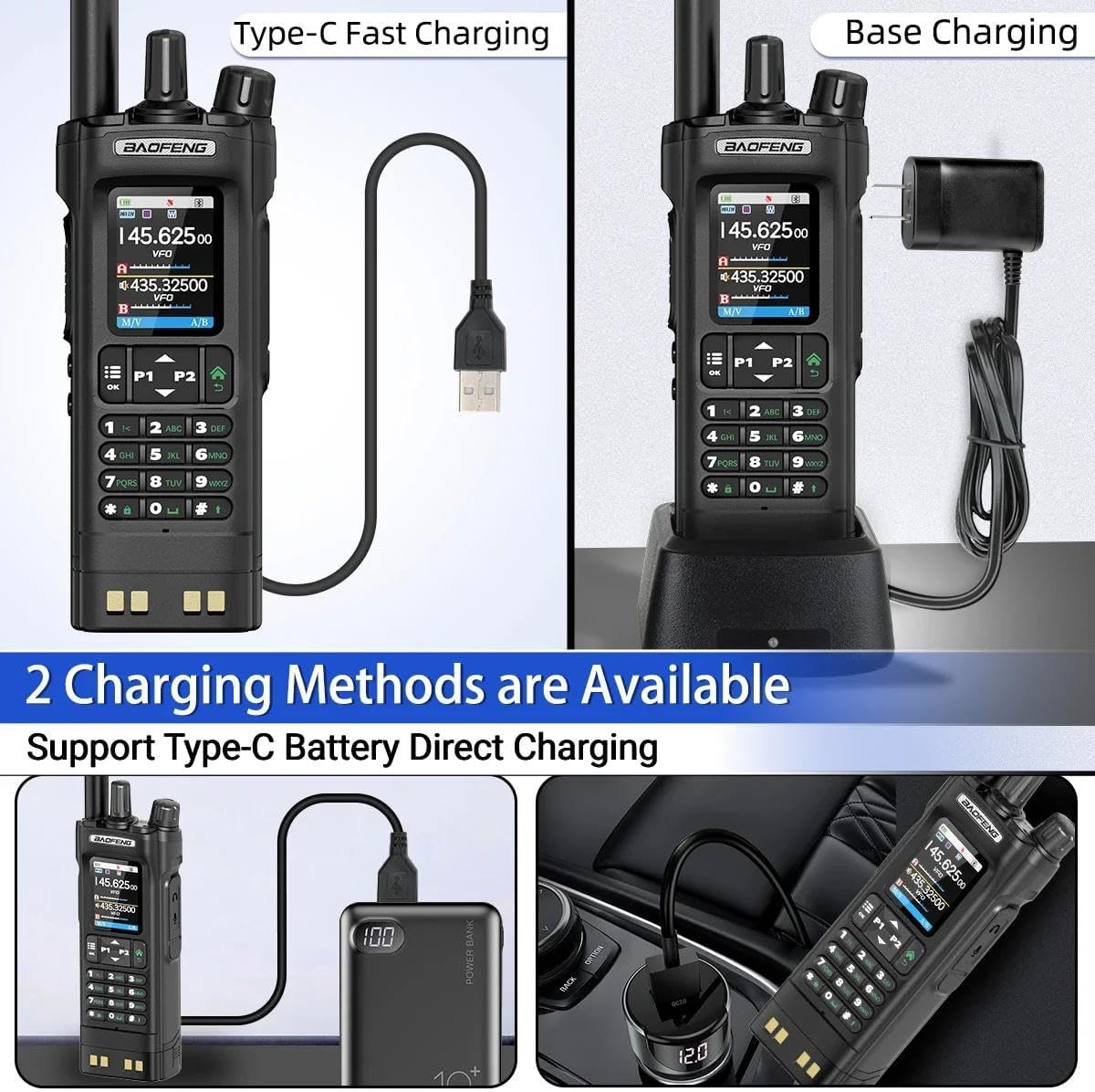 BAOFENG UV-32 showing Type-C fast charging and base charging methods