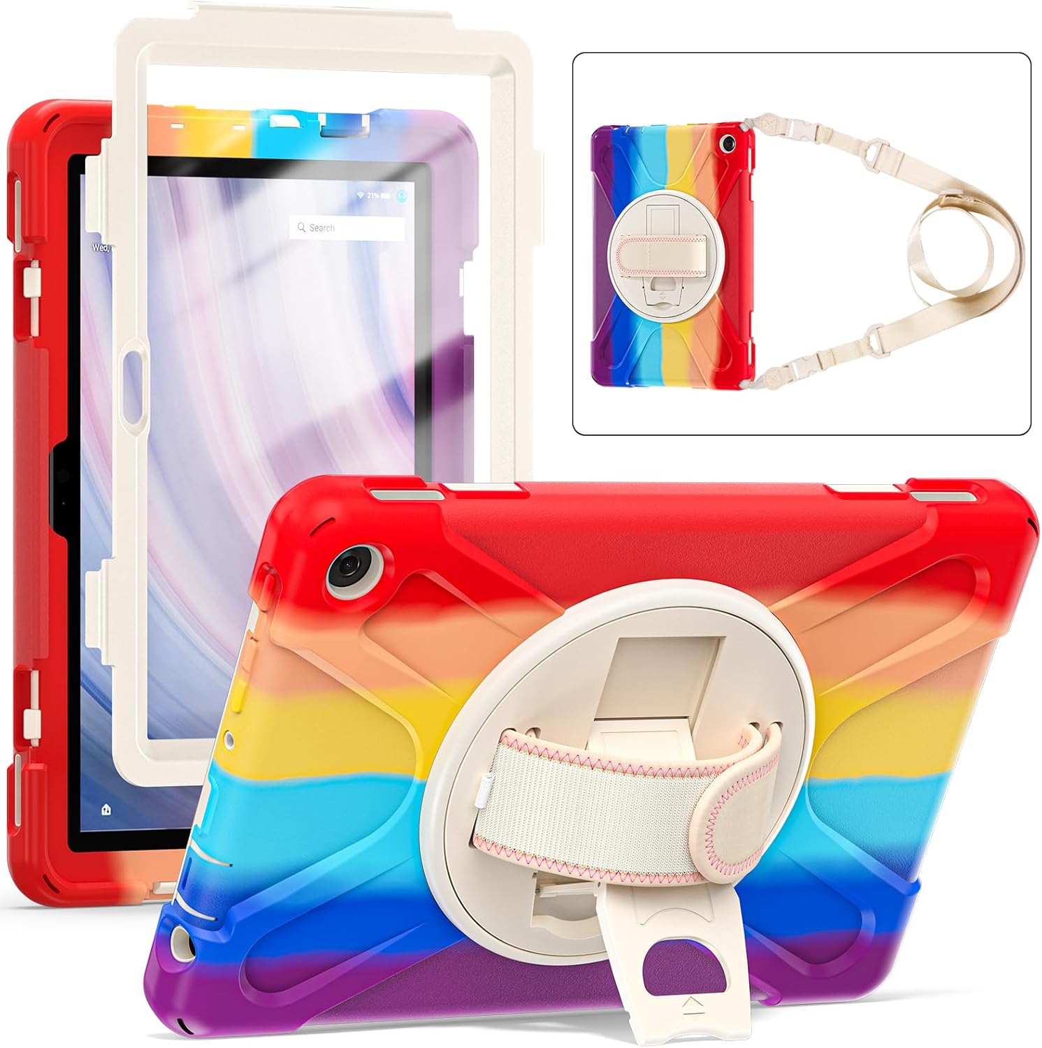Lunivop Compatible with Amazon Fire HD 10 Tablet Case (13th Gen 2023 Release) 10.1 Inch 360° Rotating Stand/Hand Strap with Built-in Screen Protector Heavy Duty Tablet Cover Rainbow