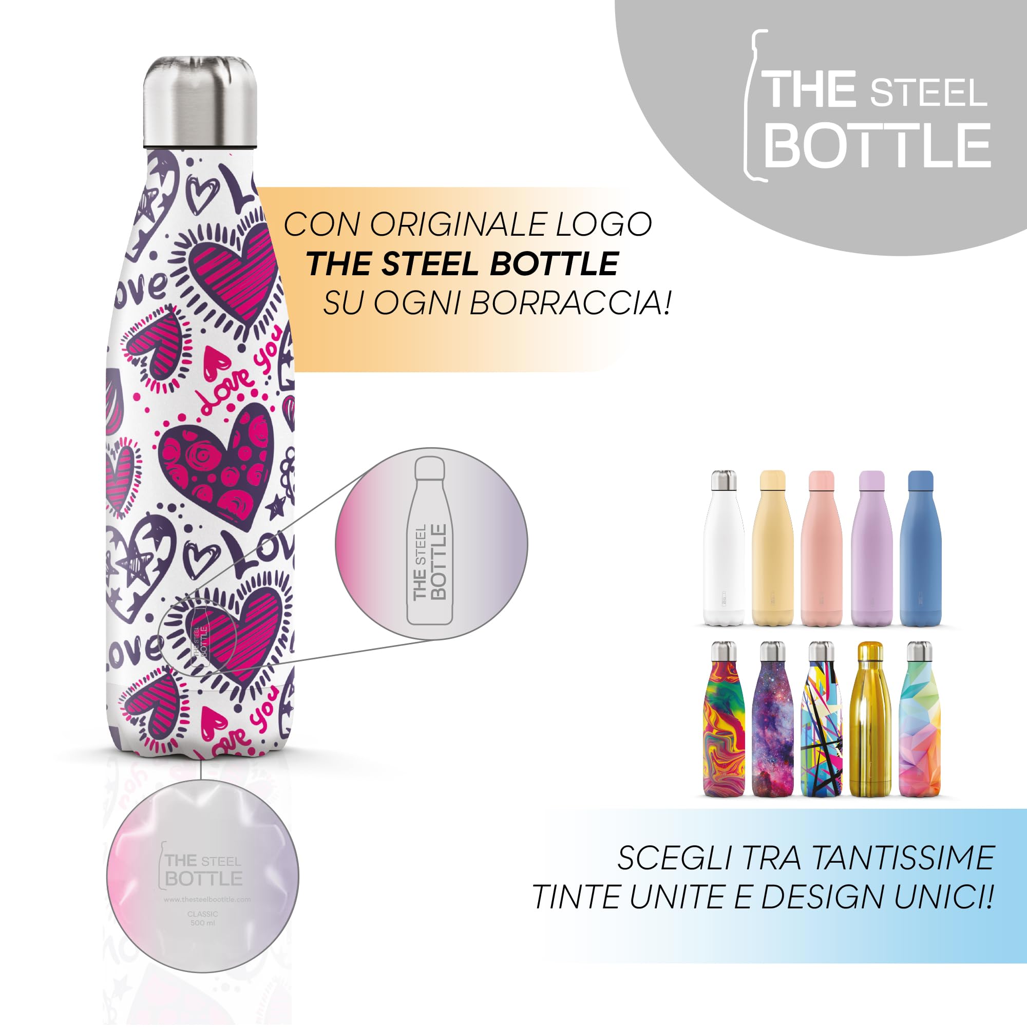 The Steel Bottle - Bottiglia termica in Acciaio Inox, Isolamento sottovuoto a doppia parete, Capacità 500 ml, Chiusura Ermetica, borraccia portatile