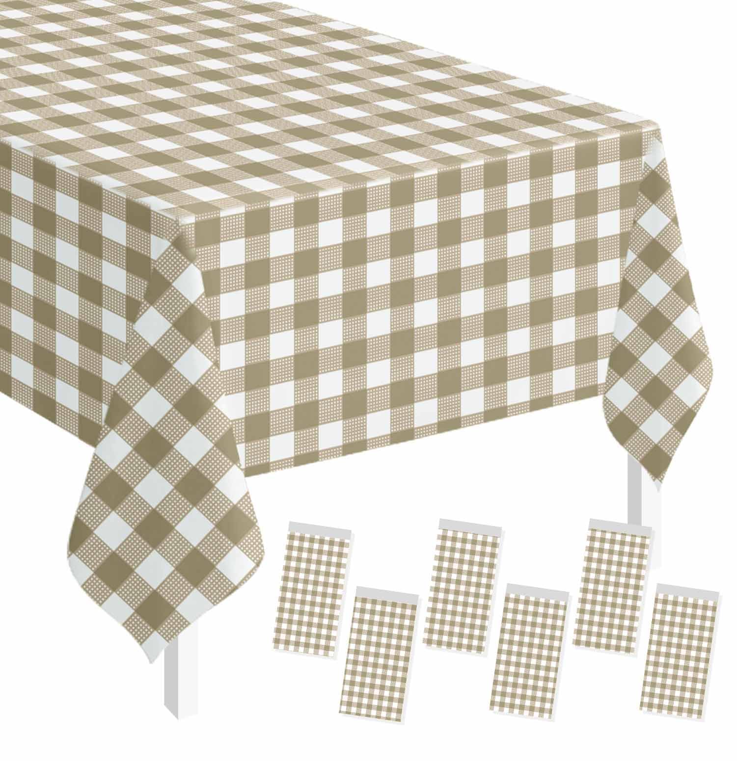 SietDESEO 6 Pack Brown Gingham Tablecloth Rectangle 54 x 108 Brown and White Checkered Table Cloth Disposable Plaid Table Cover Plastic for Birthday Baby Shower Picnic Wedding Party Supplies