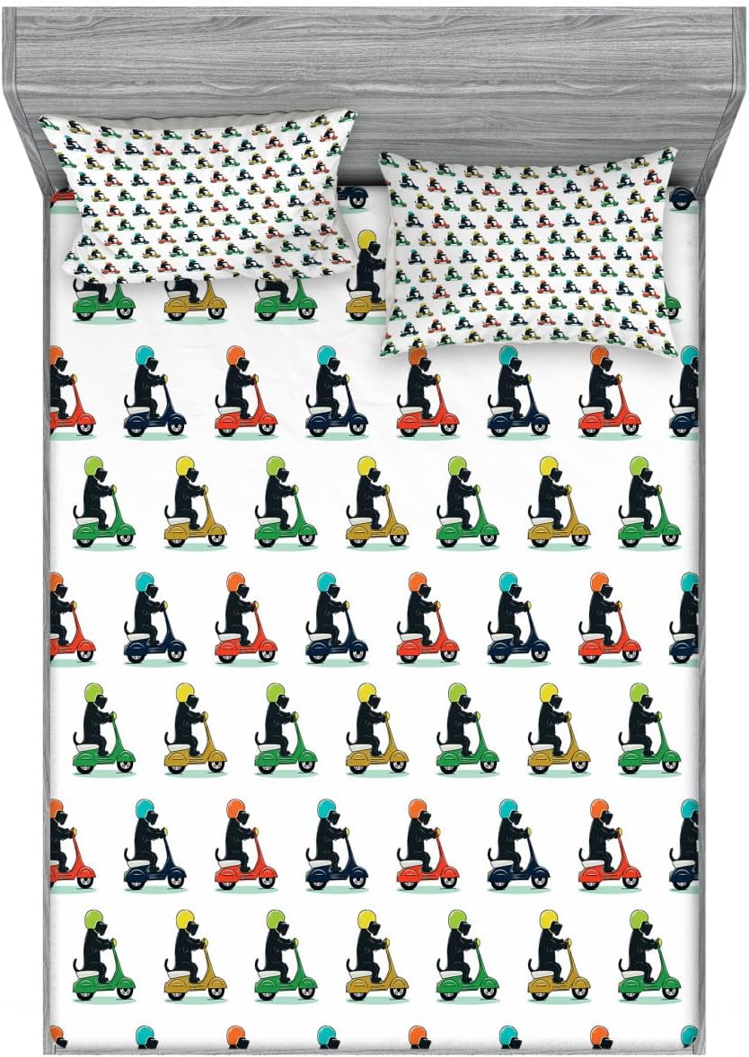 Ambesonne Scottie Dog Fitted Sheet & Pillow Sham Set, Funny Animal Pattern with Funky Scottish Terrier Riding an Retro Scooter, Decorative Printed 6 Piece Bedding Decor Set, Queen, Green